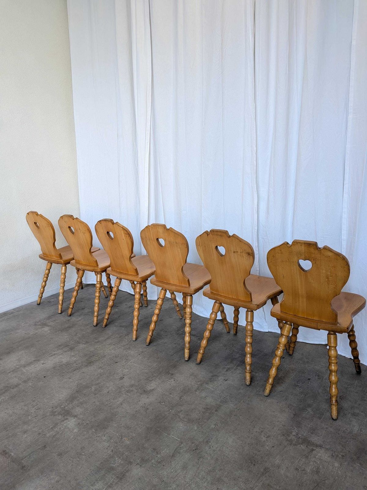 Set Of 6 Vintage Tyrolean Heart Cutout Wooden Dining Chairs, Rustic Farmhouse Style photo Furniture
