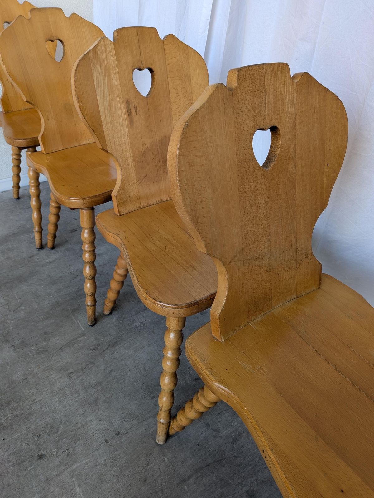 Set Of 6 Vintage Tyrolean Heart Cutout Wooden Dining Chairs, Rustic Farmhouse Style photo 1562.0