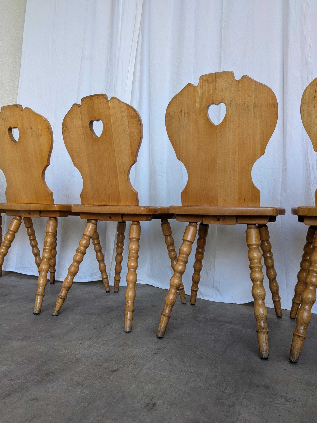 photo buy Set Of 6 Vintage Tyrolean Heart Cutout Wooden Dining Chairs, Rustic Farmhouse Style