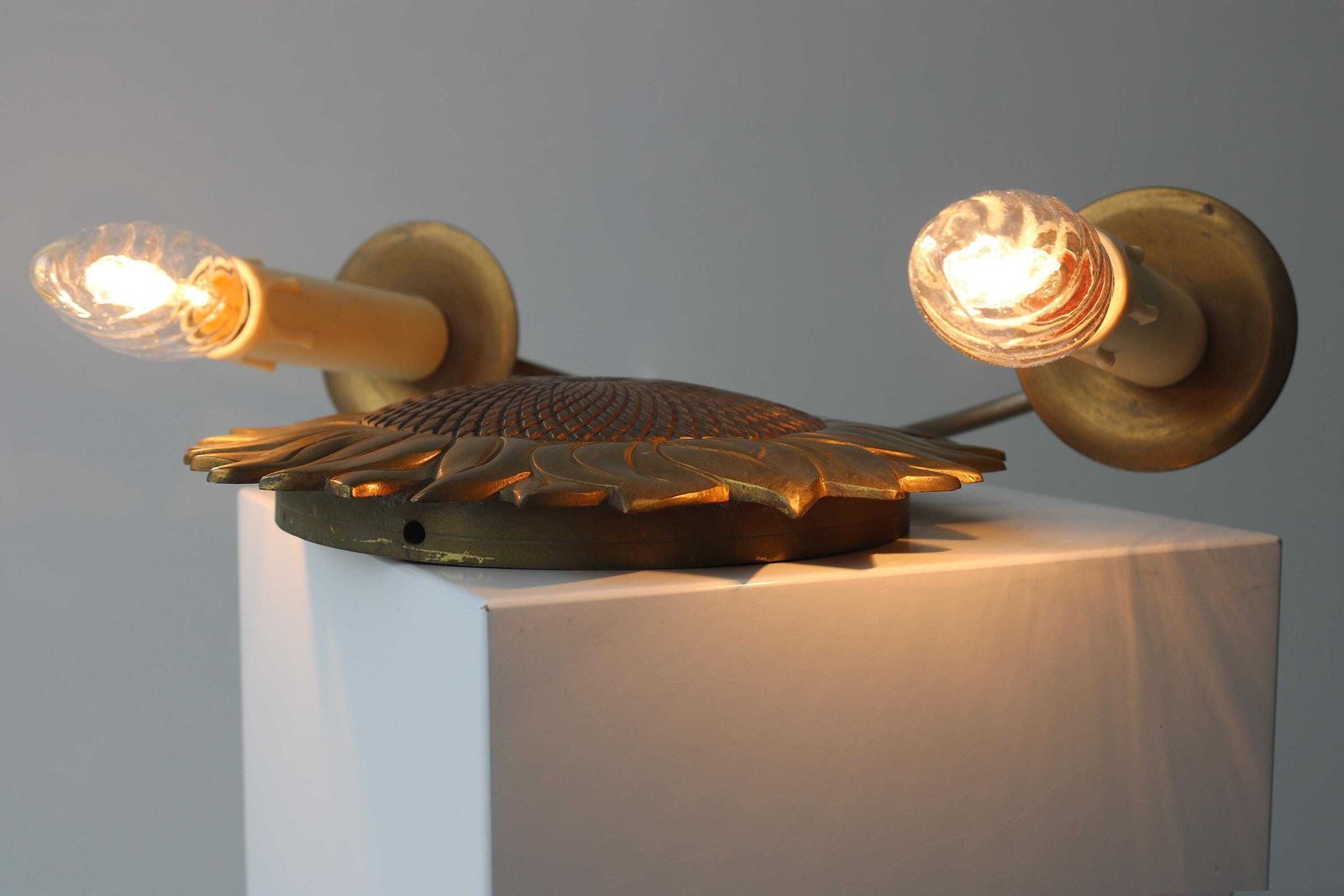photo for sale Maison Charles Sunflower Sconce, Marked Charles & Fils France, 1960s Brass Bronze Light