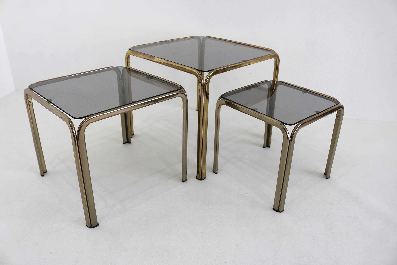 Vintage Mid Century Modern Smoked Glass Nesting Tables – Gold Brass Set Of 3 – Versatile Coffee & Side Tables – Retro Italian Design photo vinterior
