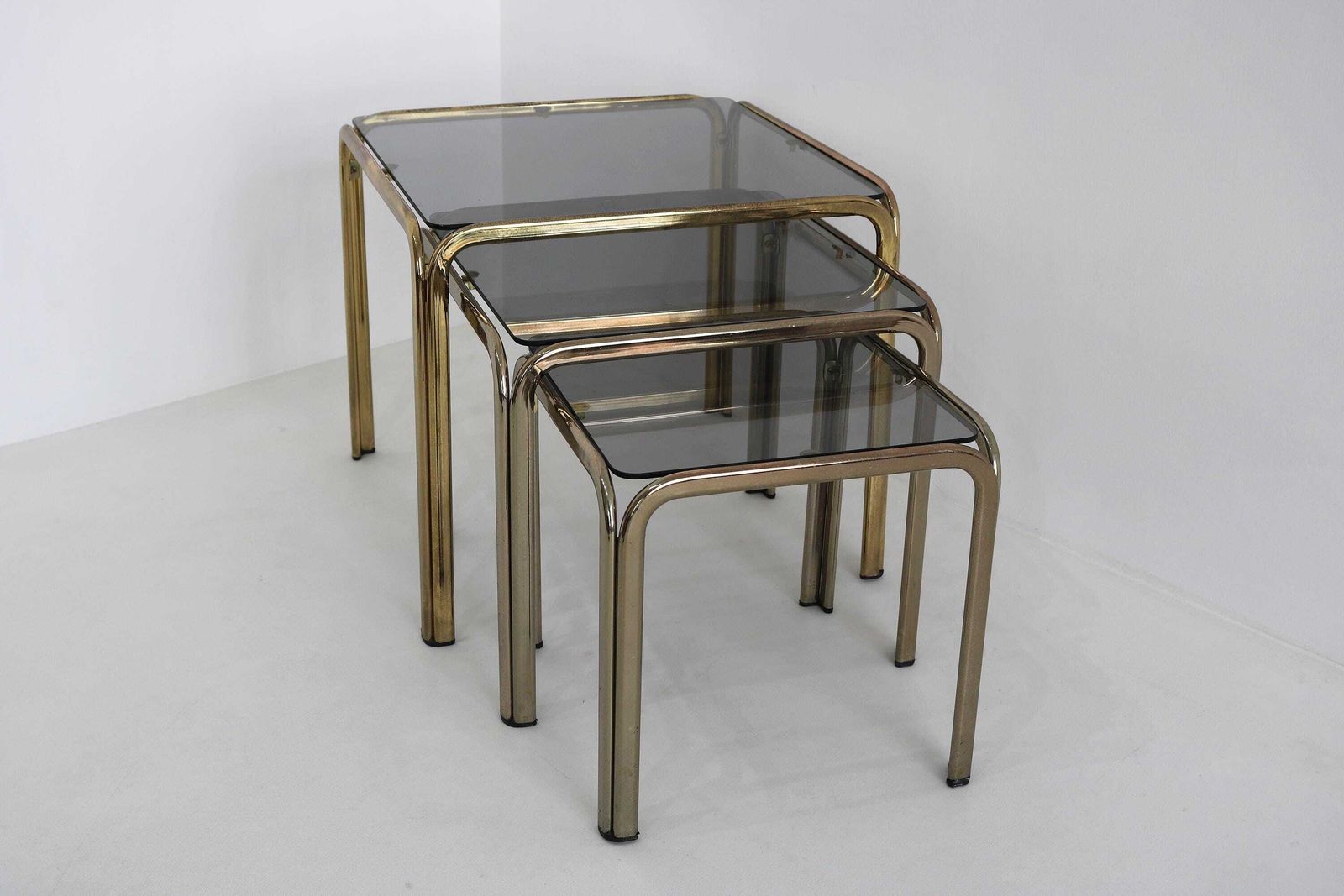 photo buy Vintage Mid Century Modern Smoked Glass Nesting Tables – Gold Brass Set Of 3 – Versatile Coffee & Side Tables – Retro Italian Design