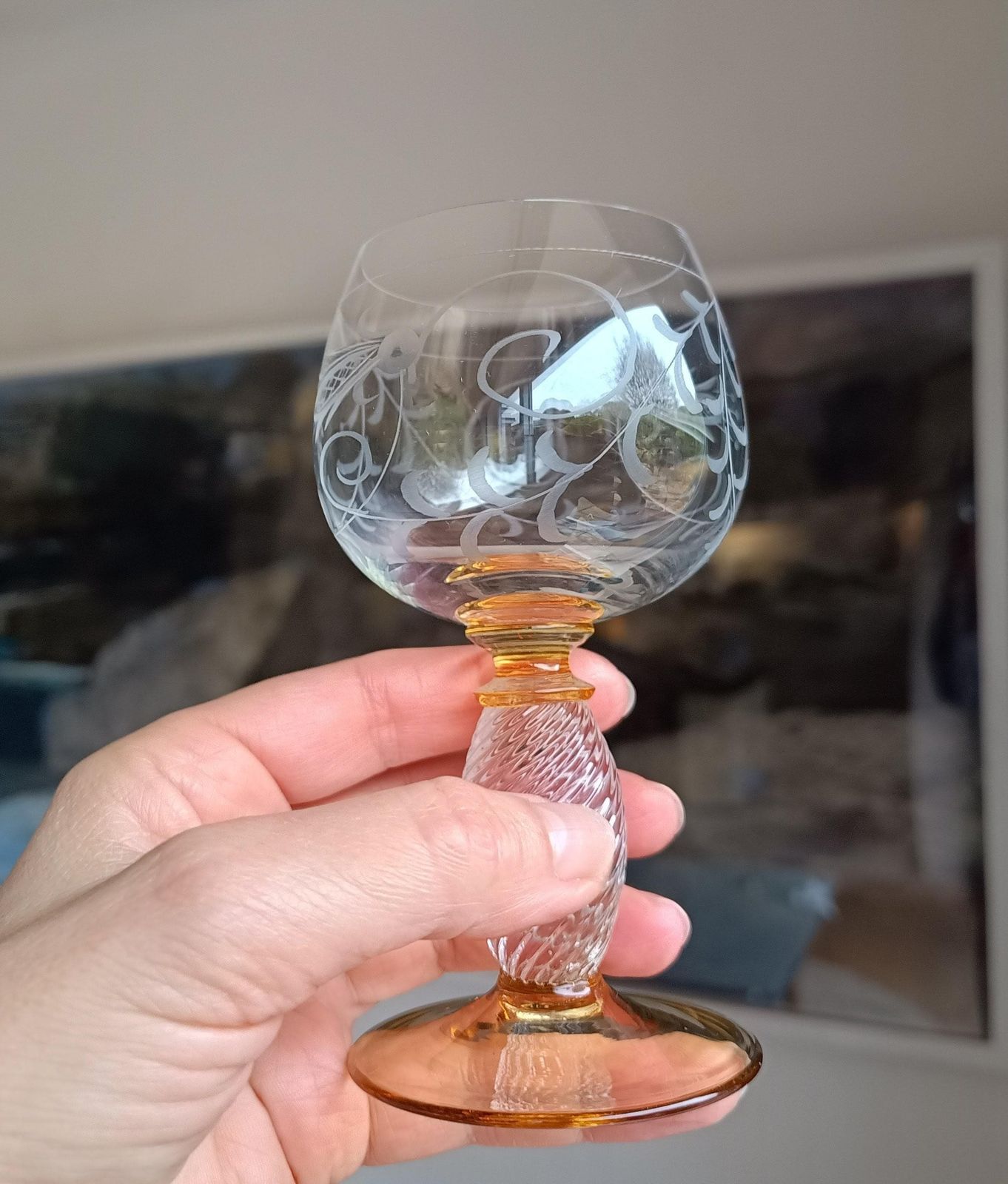 Vintage Hand Made Theresienthal Crystal Roemer Wine Glasses: Twisted Stem, Honey Yellow Decor photo buy