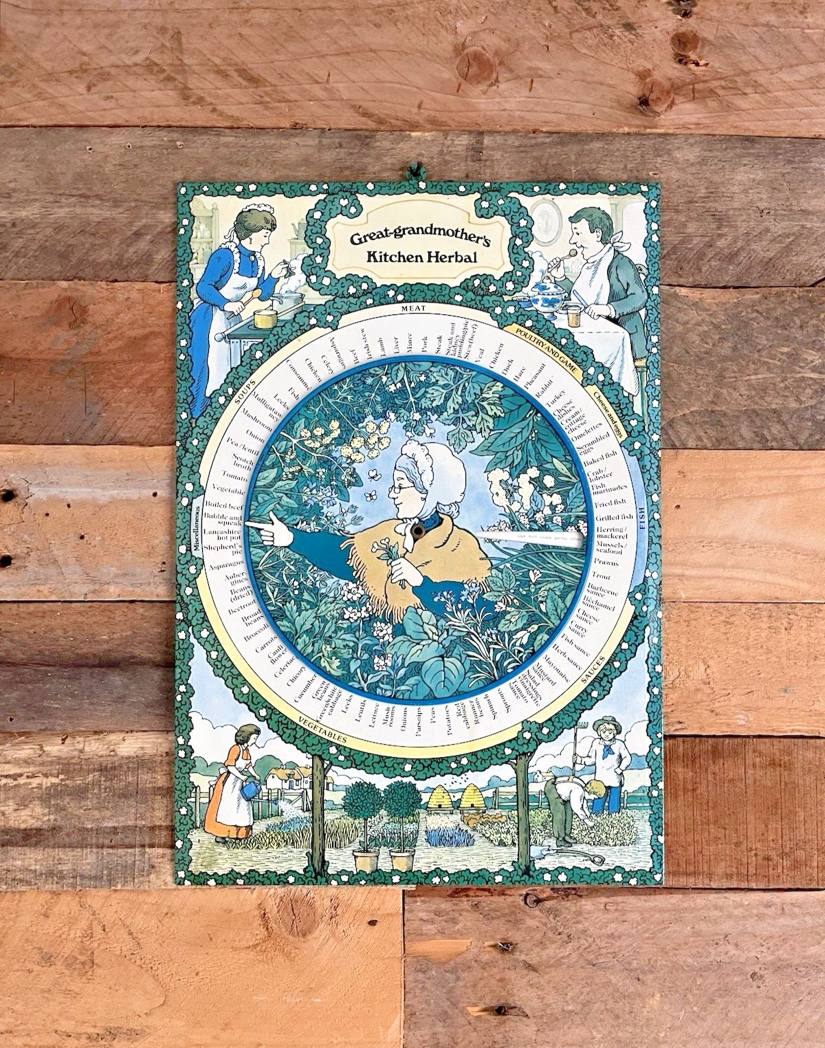 Vintage Great Grandmothers Herbal Kitchen Spinning Recipe Wheel Kitchen Tin Sign