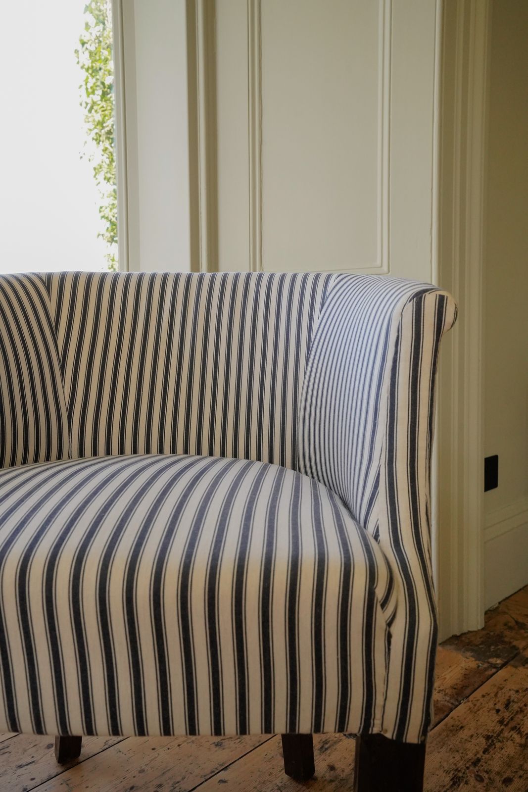 A Pair Of Beautiful Edwardian Tub Chairs Upholstered In Tori Murphy Navy Cotton Ticking Stripe photo vintage