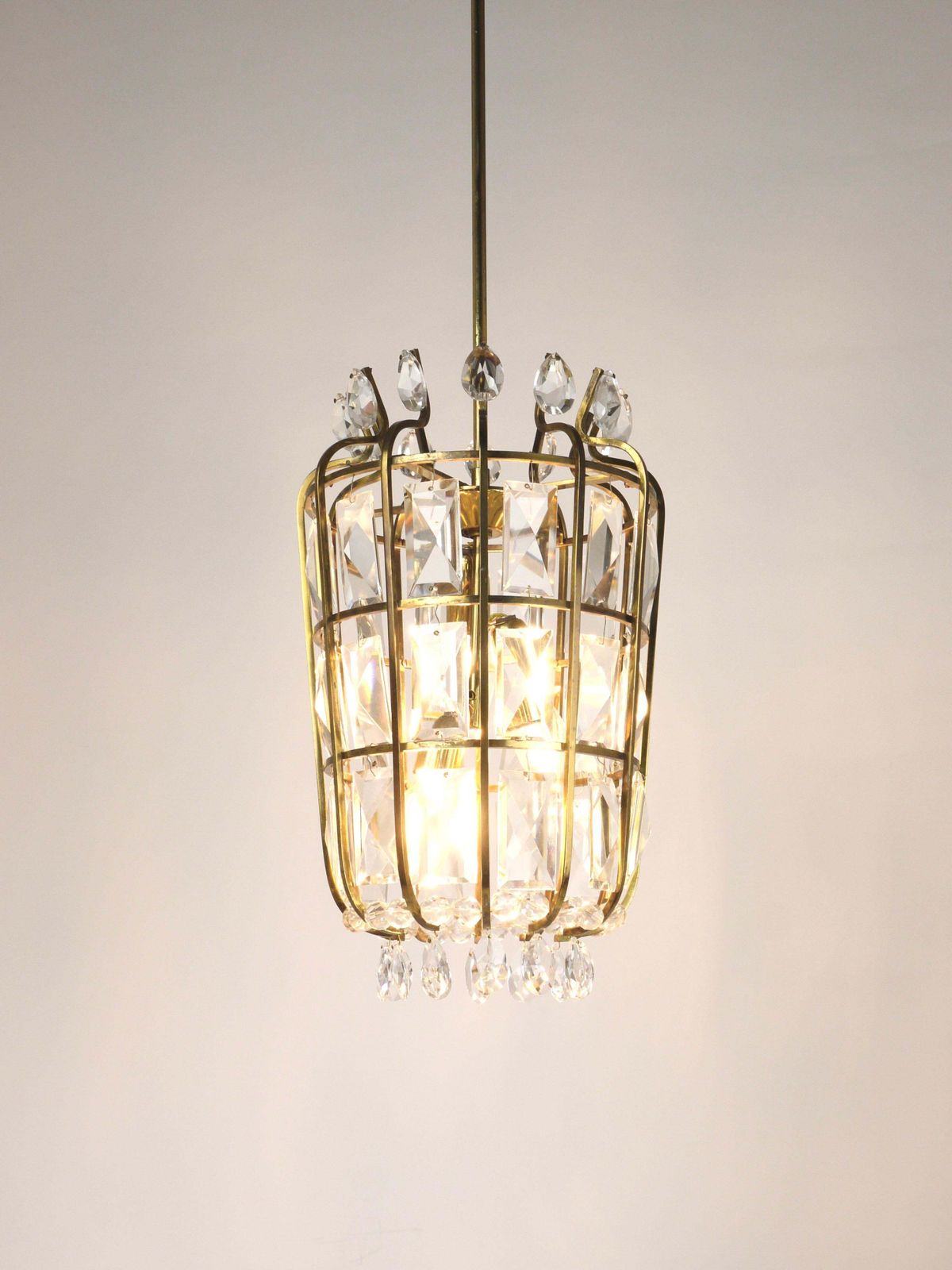 Bakalowits Vienna Brass & Crystal Chandelier Lantern Pendant Lamp, Austria, 1950 photo for sale