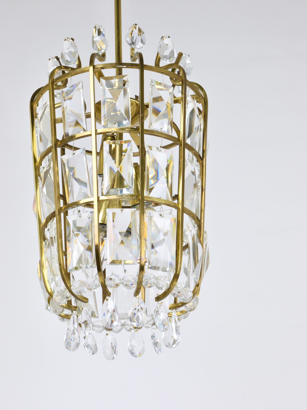 photo for sale Bakalowits Vienna Brass & Crystal Chandelier Lantern Pendant Lamp, Austria, 1950