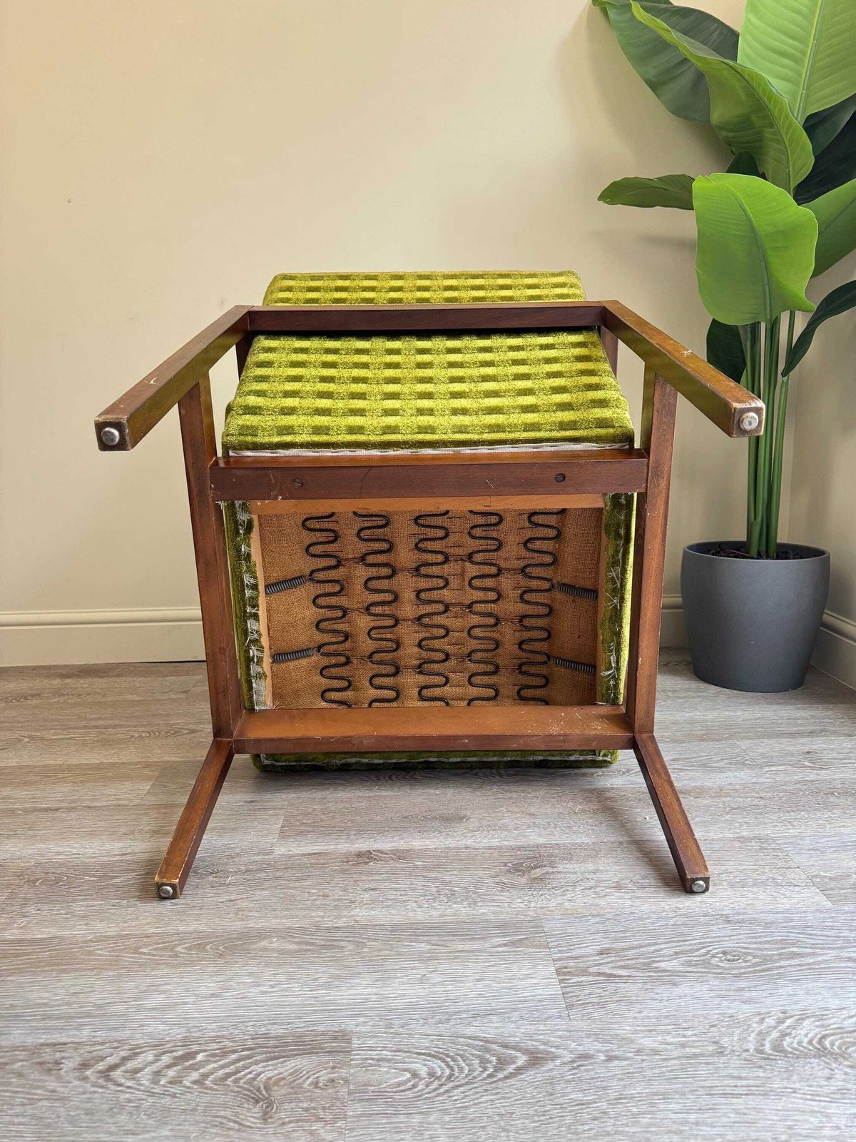photo for sale Mid Century Green Velvet Wooden Framed Armchair 1960s