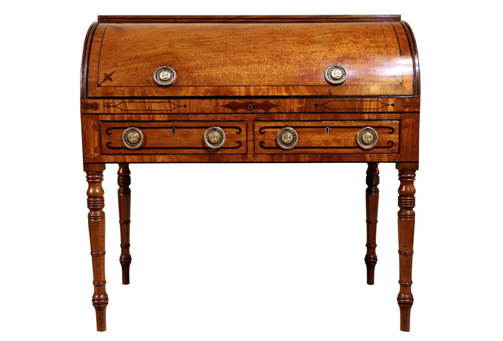 Regency Mahogany Cylinder Desk With Ebony Inlay & Brass Ring Handles, C.1820
