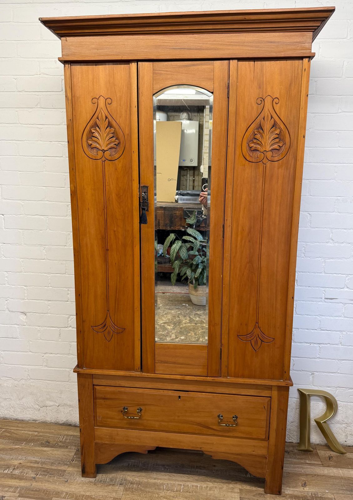 Antique Pine Hallway Wardrobe With Mirror Door | Art Nouveau Style Carved Panels | Edwardian Cupboard photo furniture
