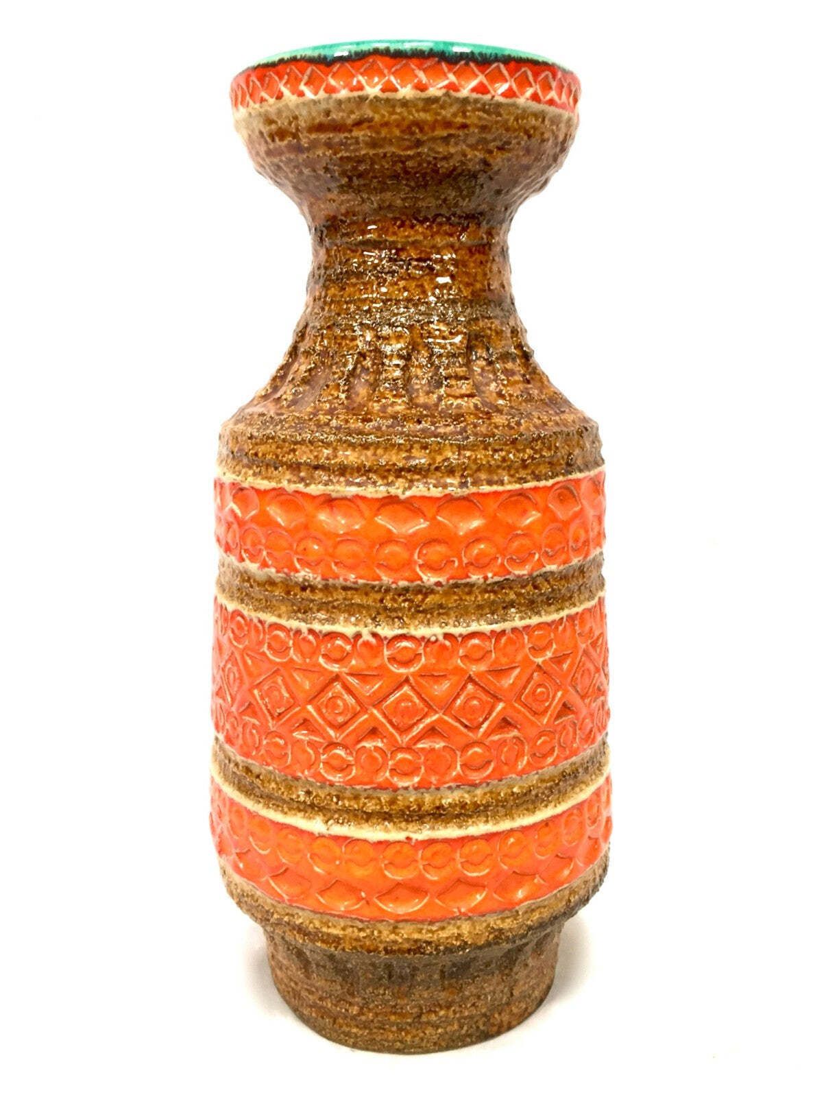 Vintage Spara Keramik West German Pottery Vase Jug / Retro 1970s Orange & Brown
