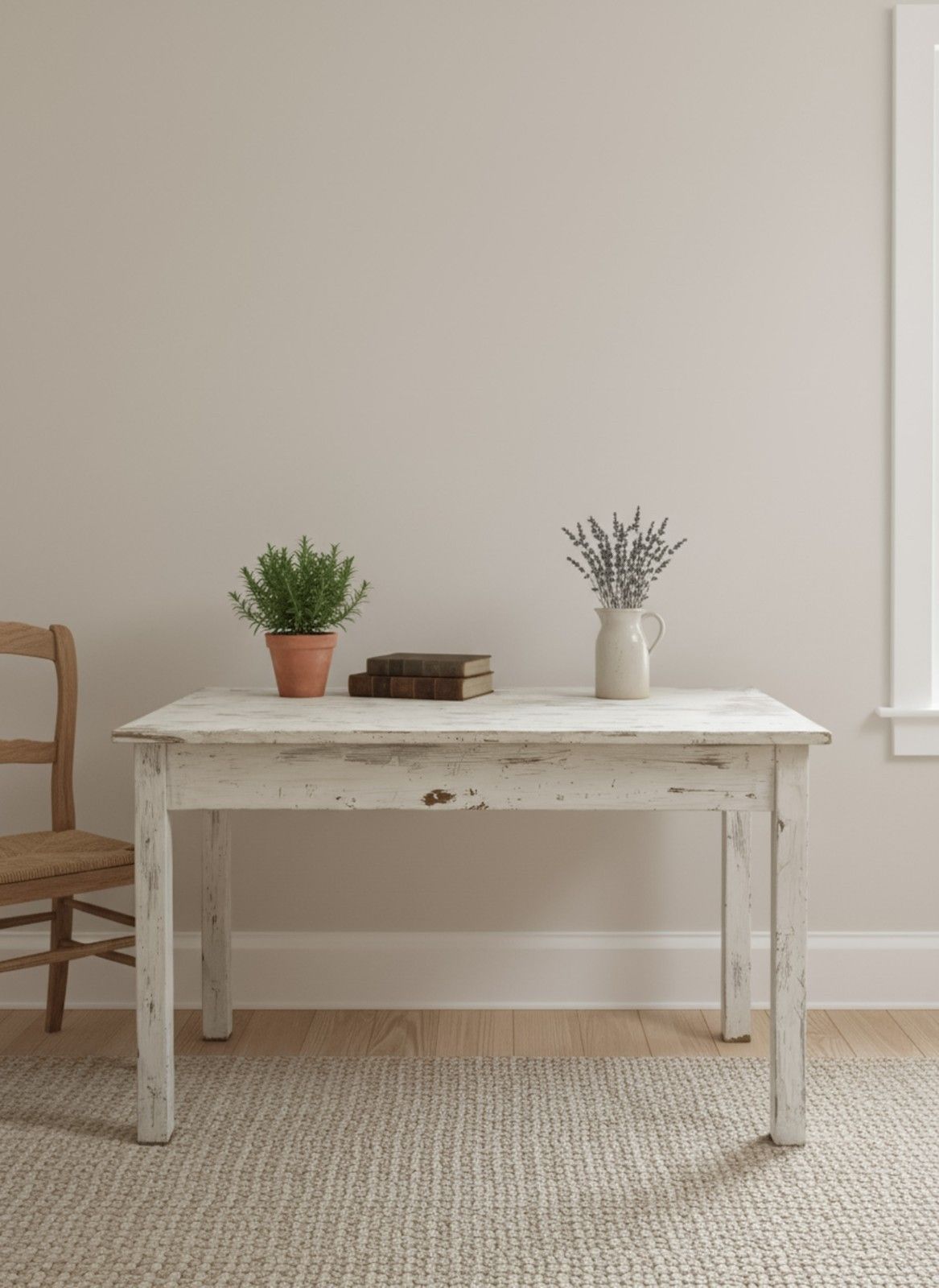 Furniture Vintage Distressed Desk Utility Table White Retro Mid Century Modern W/ Drawer photo