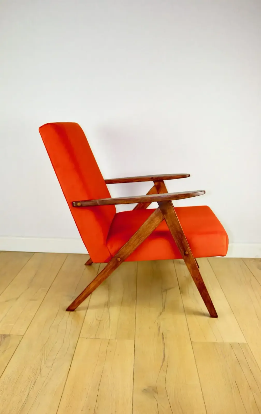B 310 Var Armchair, Orange Structured Velvet   2 Pieces Available   Dark Wood photo for sale