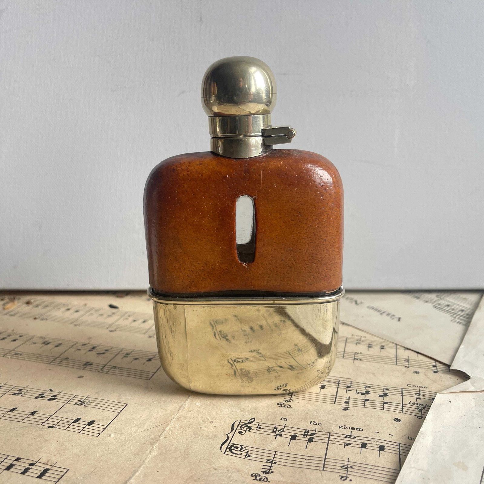 Vintage English Leather Mounted Glass Hip Flask And Drinking Cup. Gift For Her / Him. photo furniture