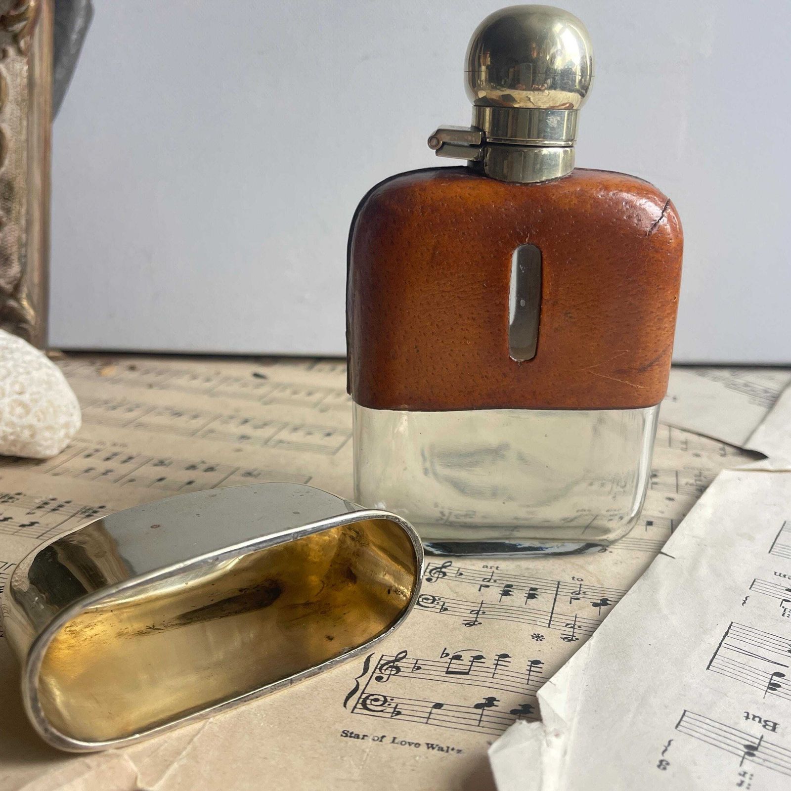 Vintage English Leather Mounted Glass Hip Flask And Drinking Cup. Gift For Her / Him. photo buy