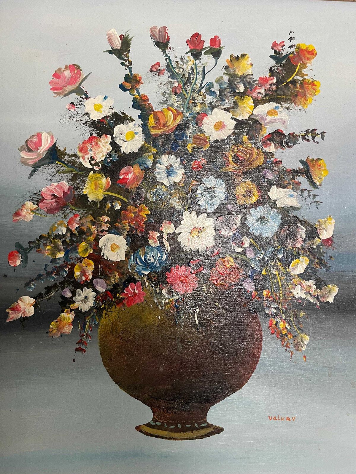 Antique Still Life Oil Painting Study Of Flowers In A Vase By Velkov photo vintage
