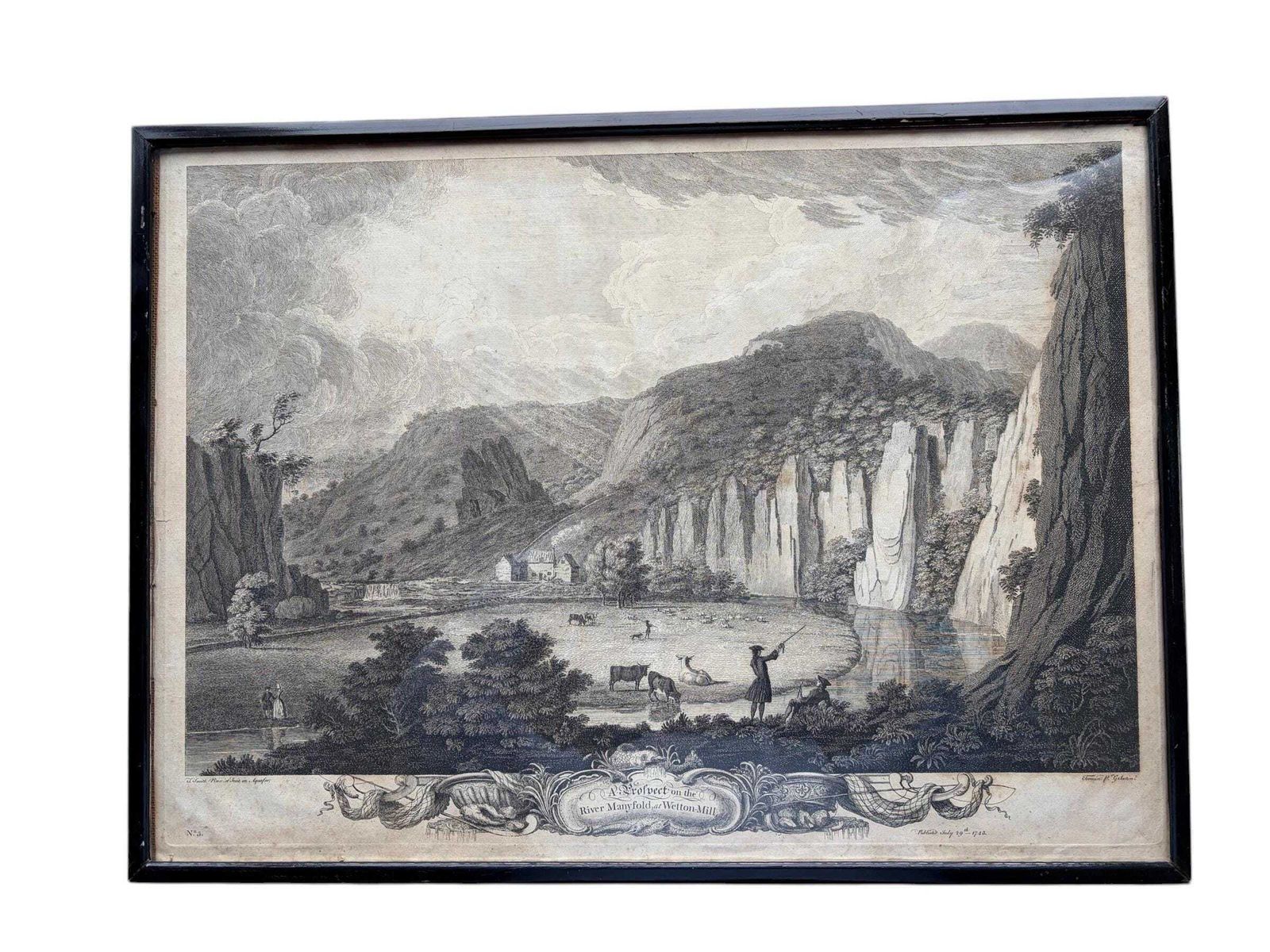 Antique 1743 Copper Plate Engraving Thomas Smith Of Derby Wetton Mill River Manifold Georgian Landscape Framed photo furniture