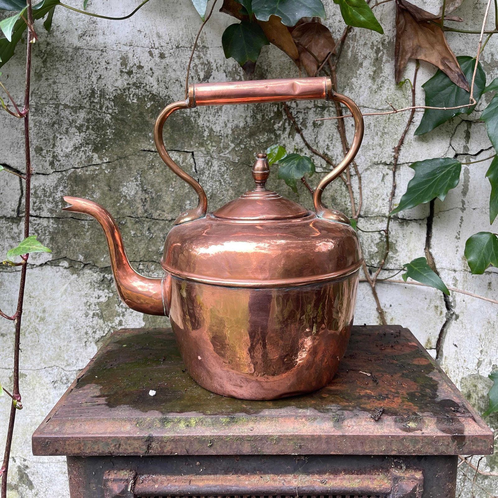 French Vintage Copper Kettle   Antique Copper Teapot   Pub Decor   Photo Props   Farm House Kitchen   Rustic Kitchen Decor