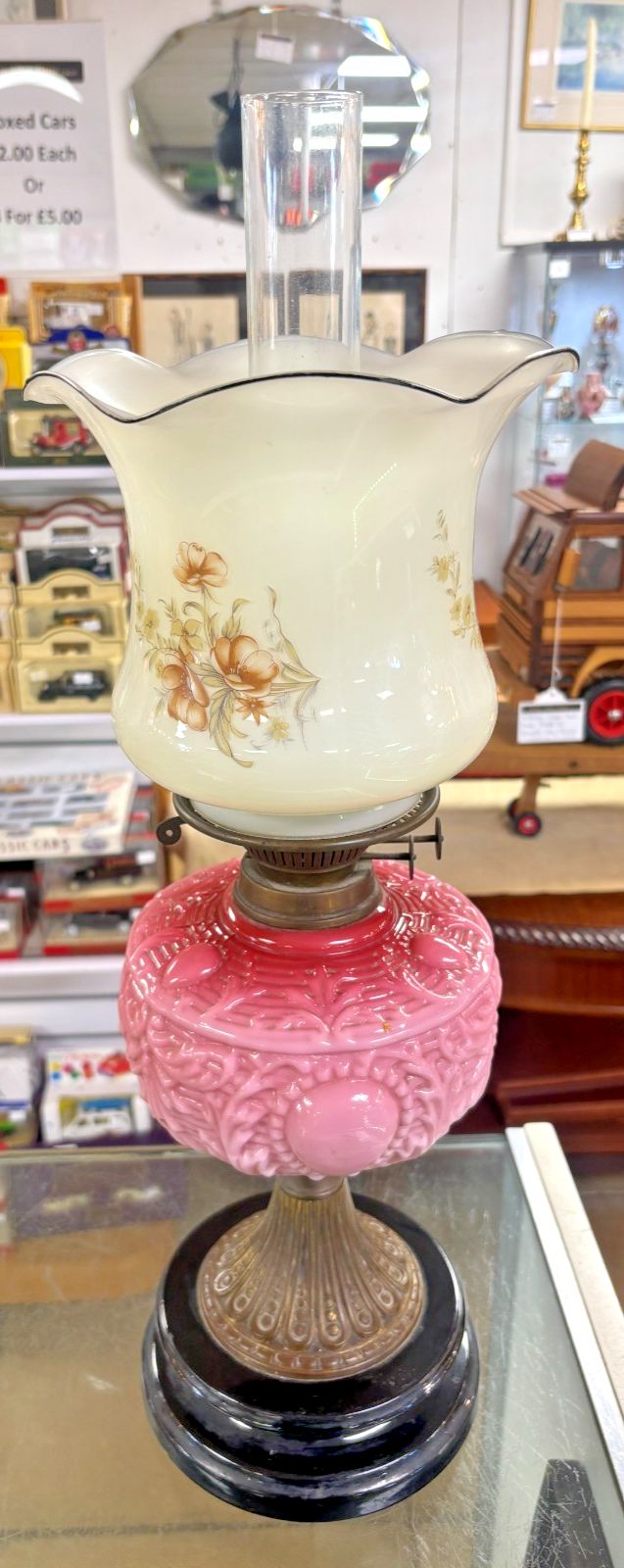 Antique Victorian Pressed Pink Glass Reservoir Oil Lamp With Flute & Shade photo vintage