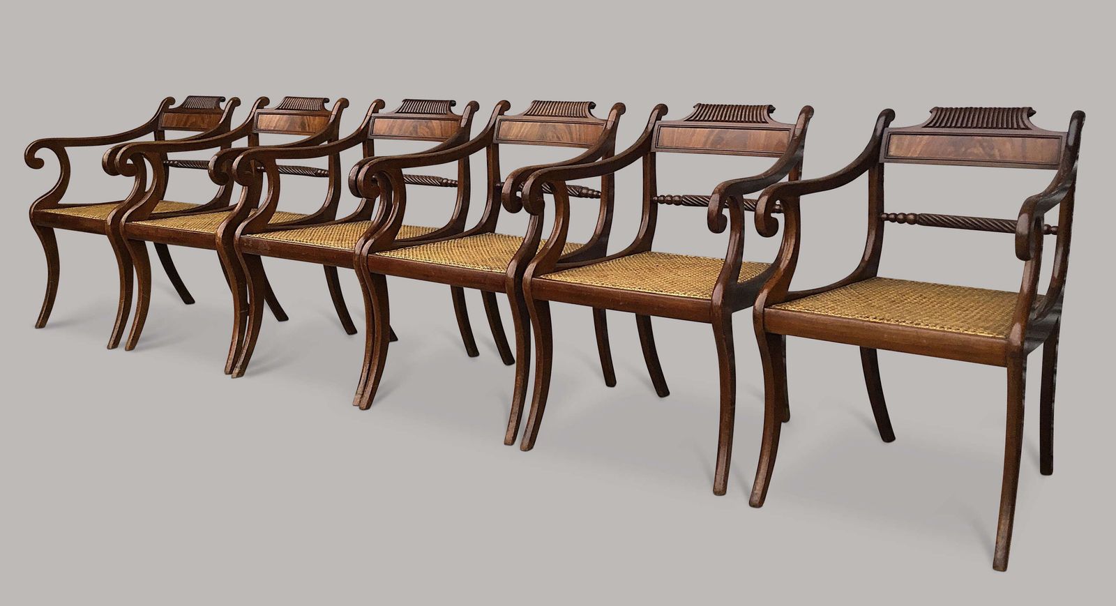 Handsome Regency Set Of 6 Mahogany Elbow Open Armchairs