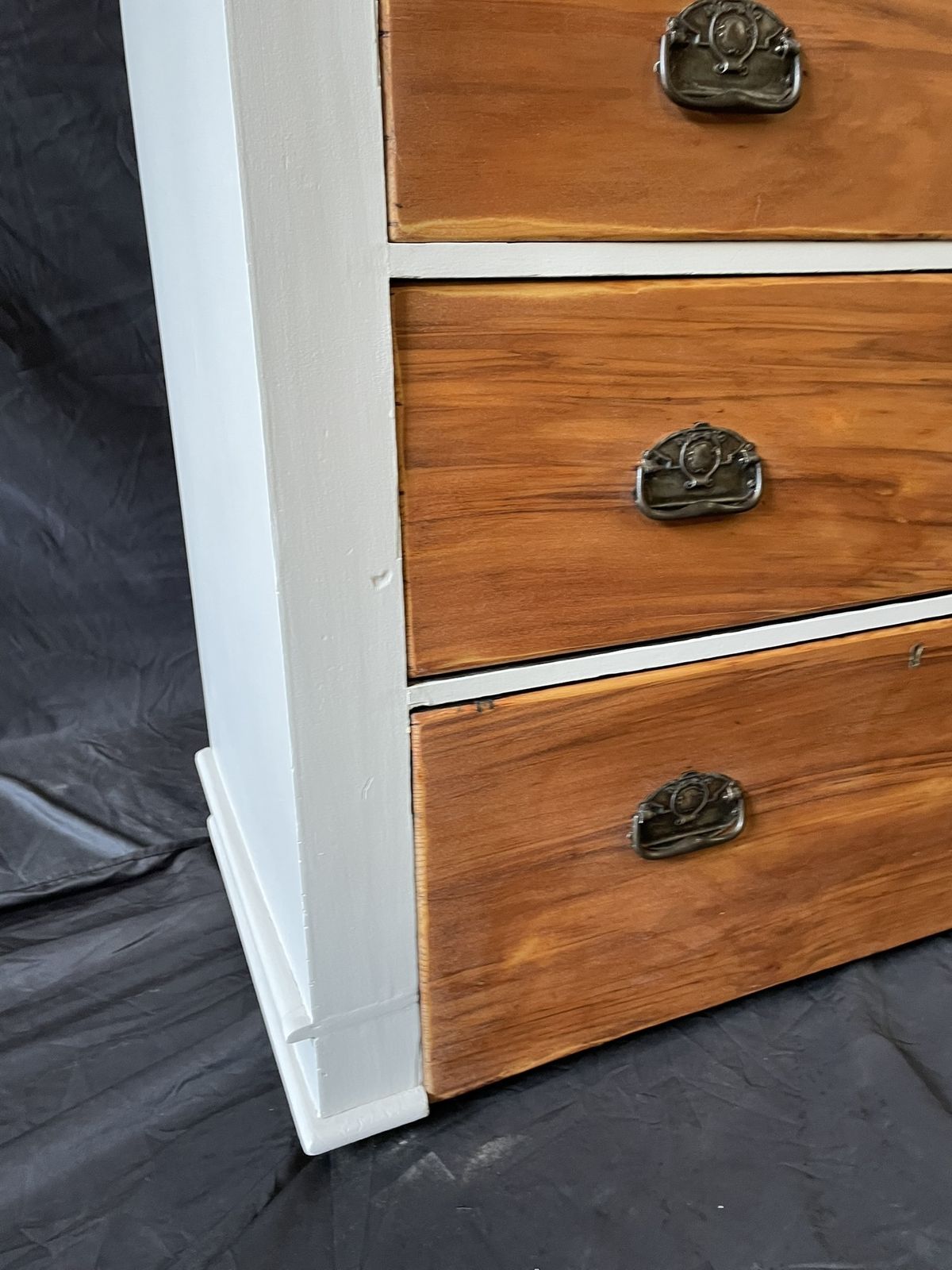 Rustic Farmhouse Chest Of Drawers – Painted Taupe & Natural Wood, Brass Details photo buy