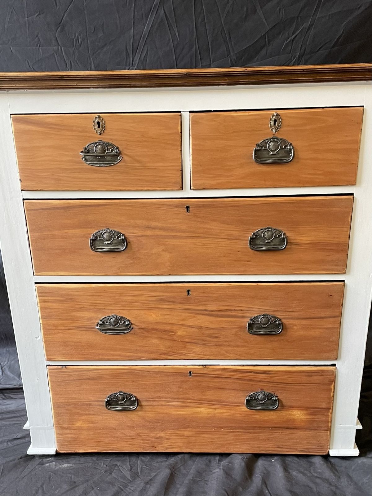 Furniture Rustic Farmhouse Chest Of Drawers – Painted Taupe & Natural Wood, Brass Details photo