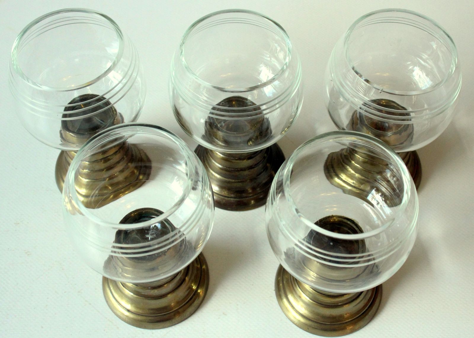 1920s   Antique Handmade Wine Glasses   Wine Roemer With A Brass Colored Metal Base    Set Of 5   Handmade By Böhme + Hennen/Dresden/Germany photo 160.0