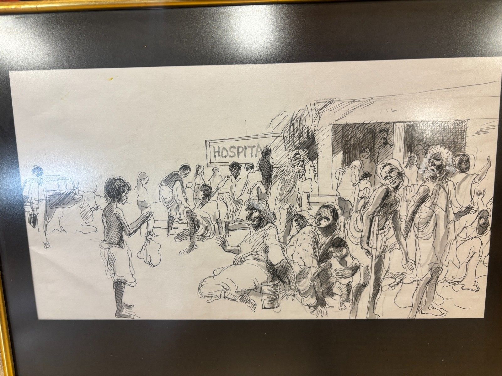 Trio Of Original Line Drawings Of Indian Scenes By Richard Kennedy Framed photo Art