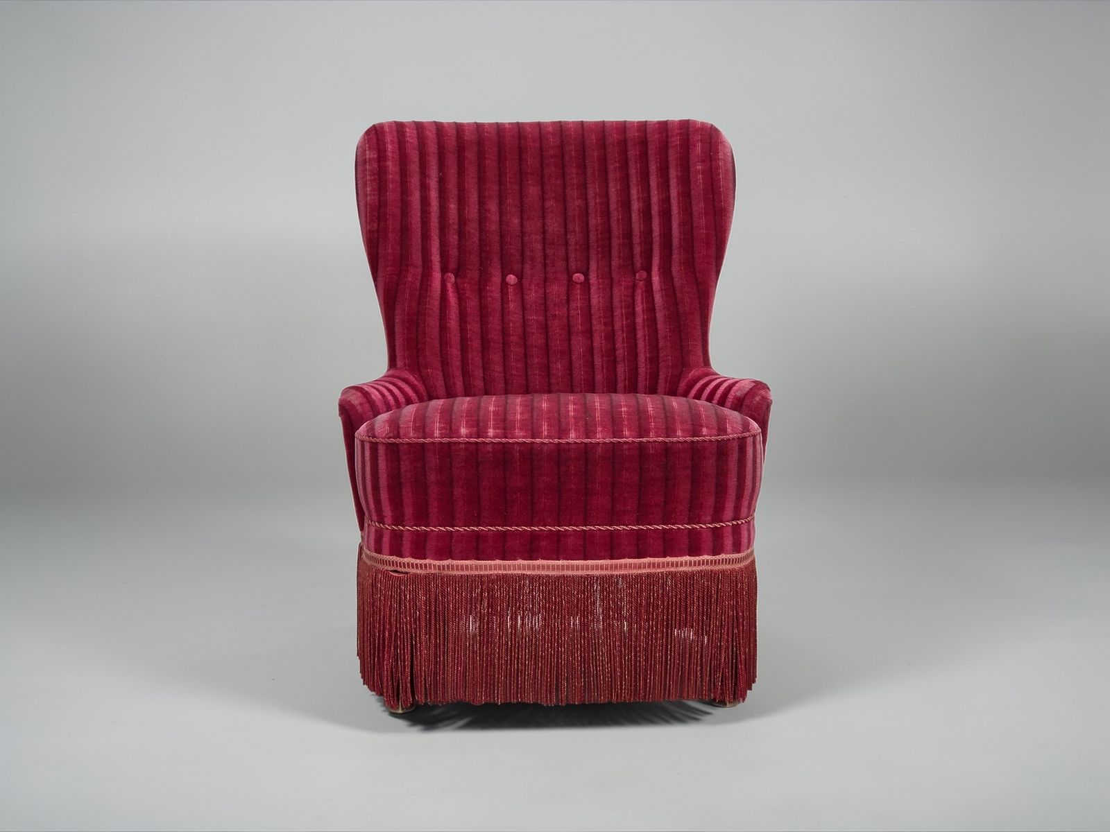 1960s, Danish Armchair, Original Striped Red Furniture Velour.
