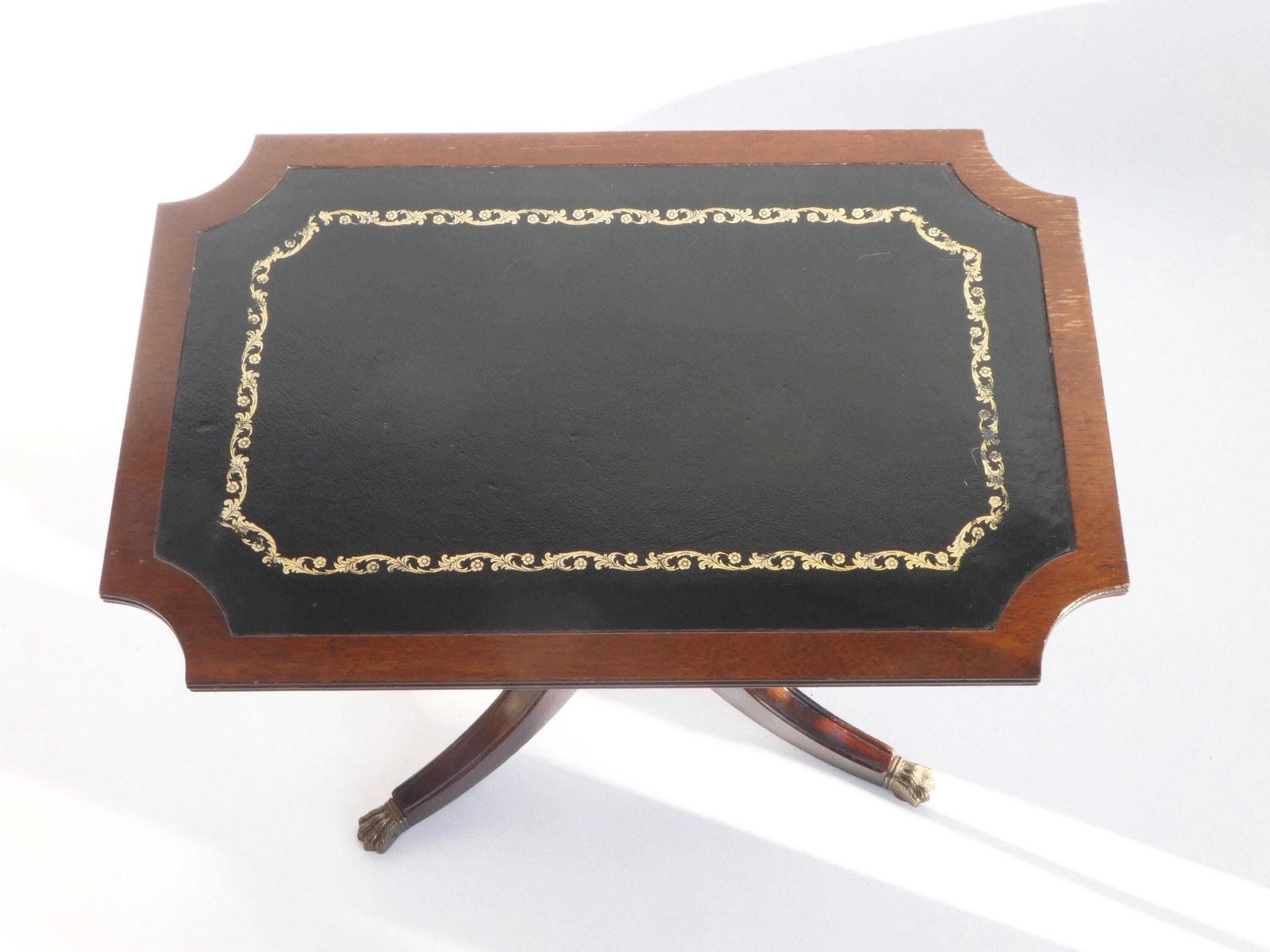 Antique Victorian Coffee Table With Green Leather Top And Lion Paws, English Wooden Tripod Side Table With Brass photo for sale