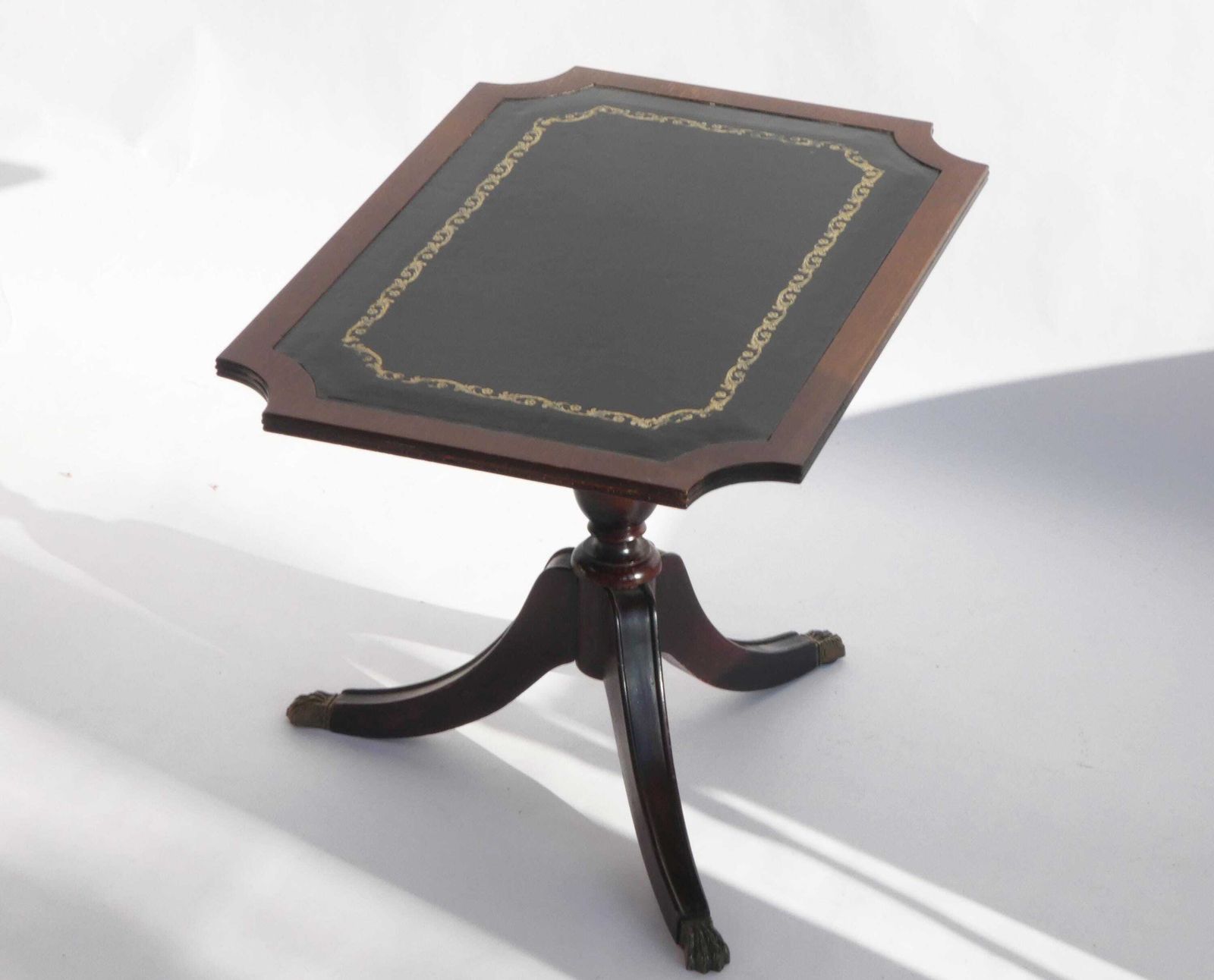 Antique Victorian Coffee Table With Green Leather Top And Lion Paws, English Wooden Tripod Side Table With Brass photo buy