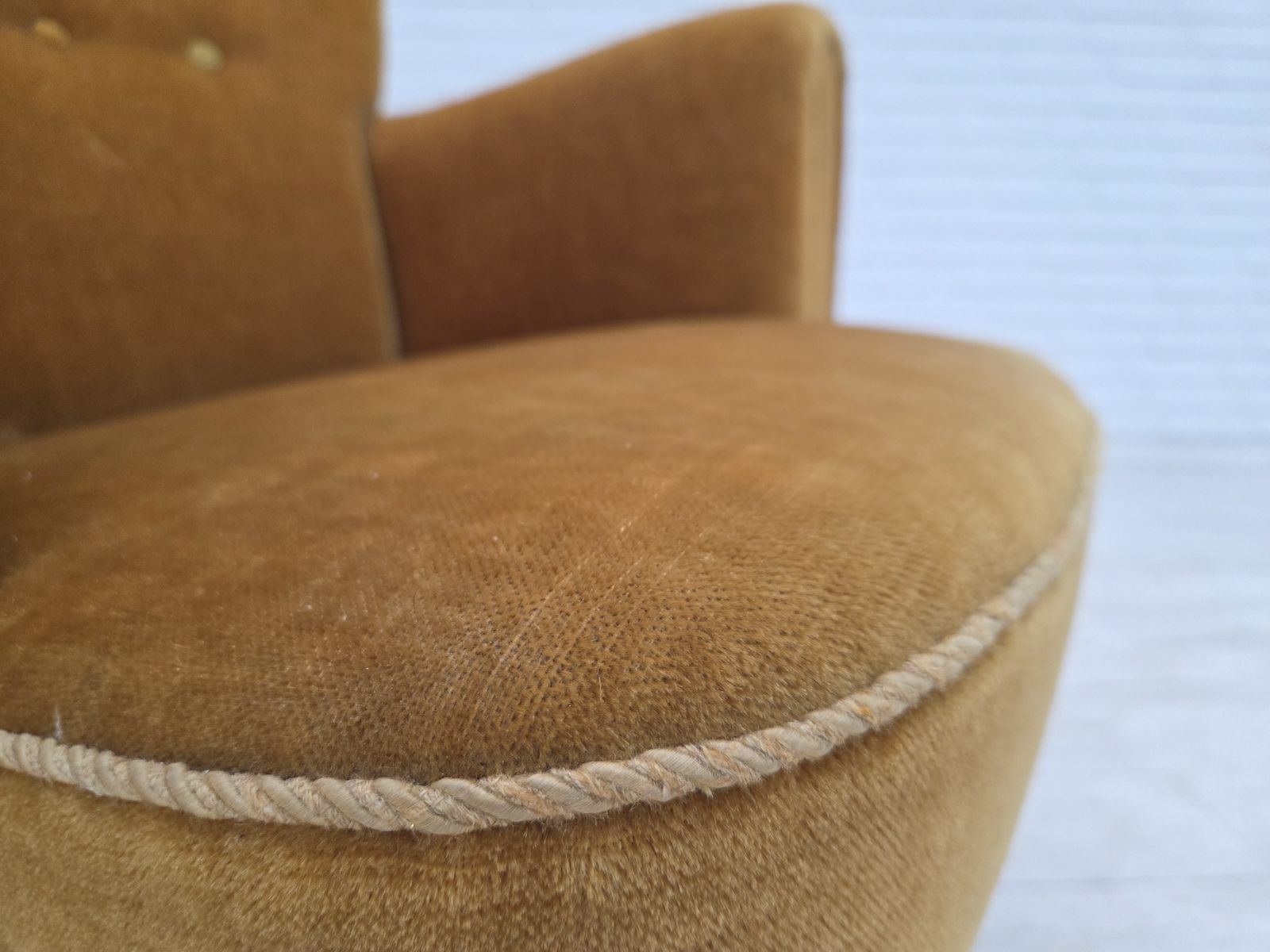 1960s, Danish Relax Chair, Original Honey Yellow Furniture Velour. photo vintage