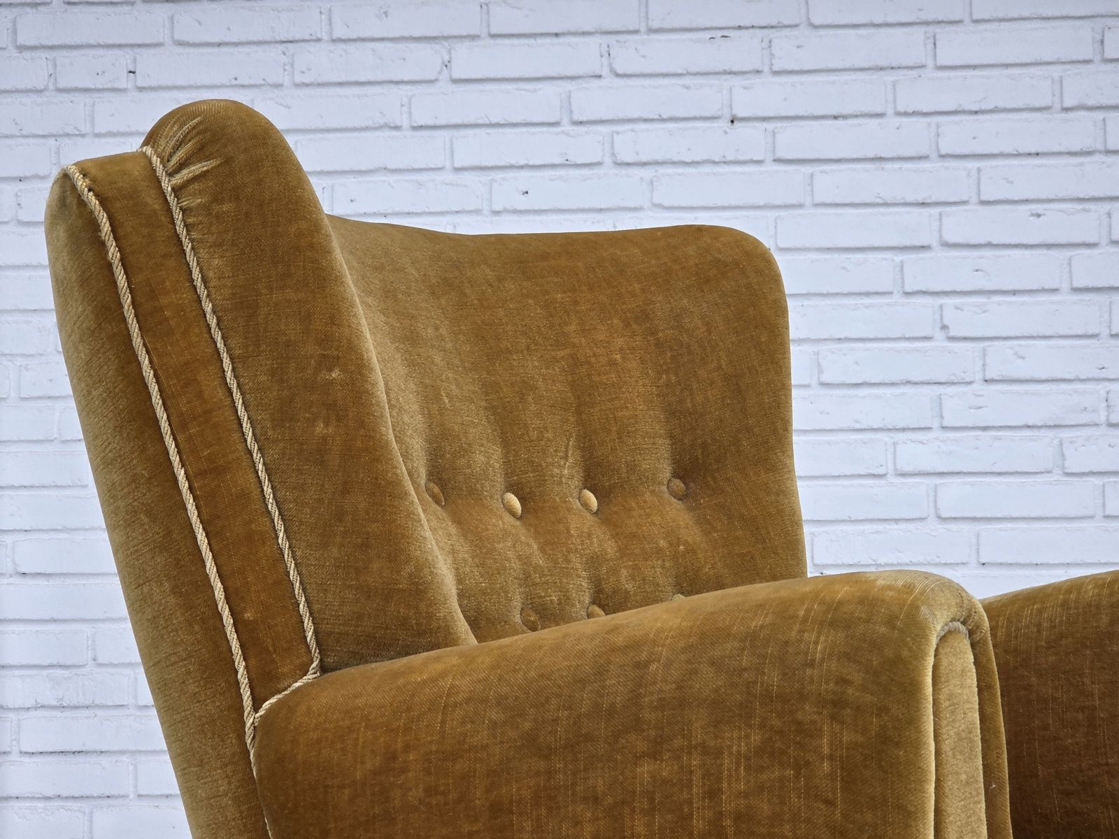 photo furniture 1960s, Danish Relax Chair, Original Honey Yellow Furniture Velour.