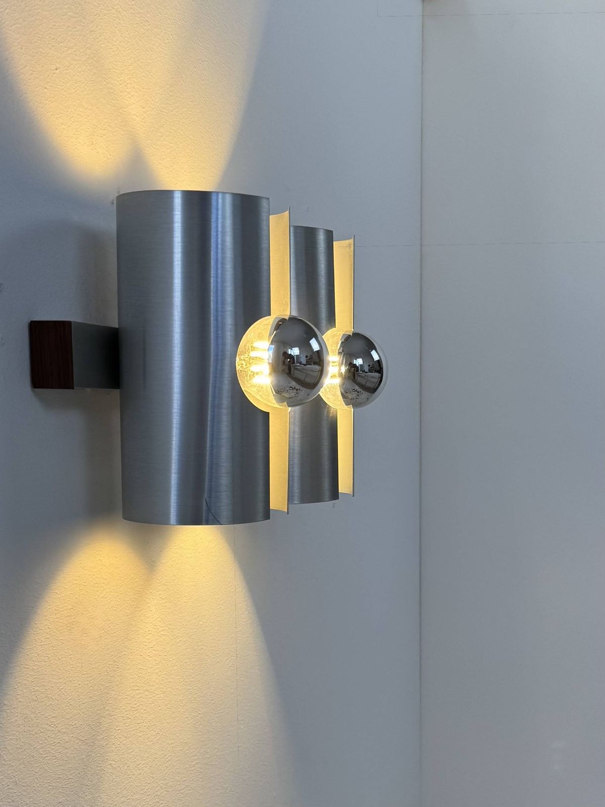 Vintage Double Wall Light In Brushed Metal And Rosewood, France, 1970 photo 312.0