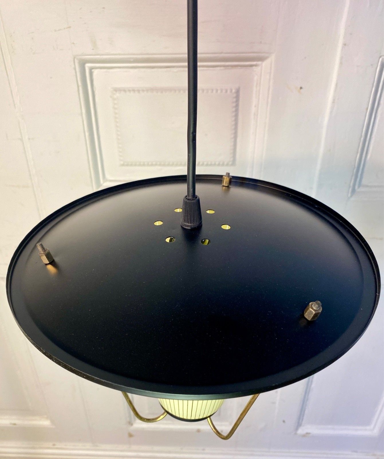 Original Vintage Mid Century Glass, Metal & Brass Ceiling Pendant Light 1950s photo vinterior
