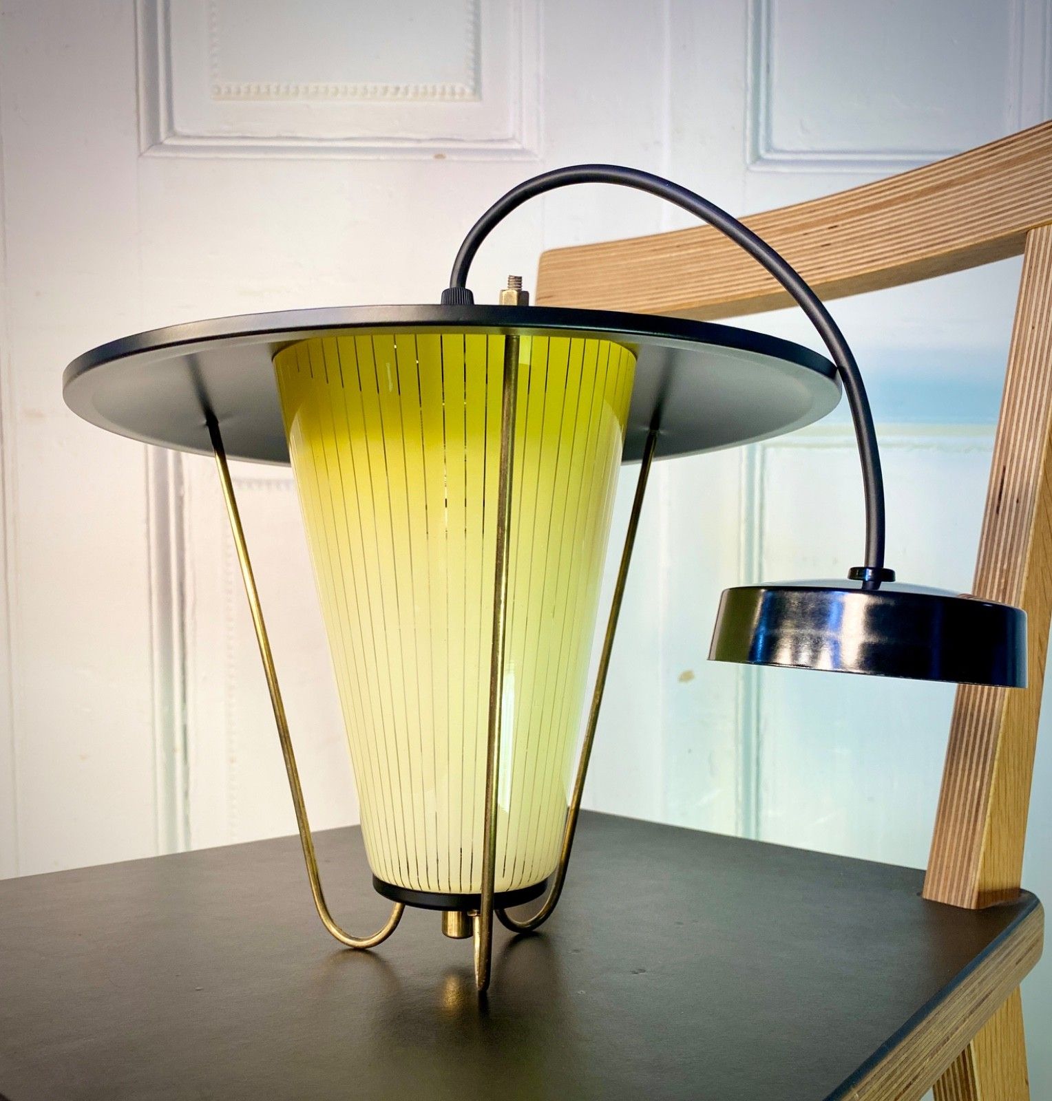 Original Vintage Mid Century Glass, Metal & Brass Ceiling Pendant Light 1950s photo vintage