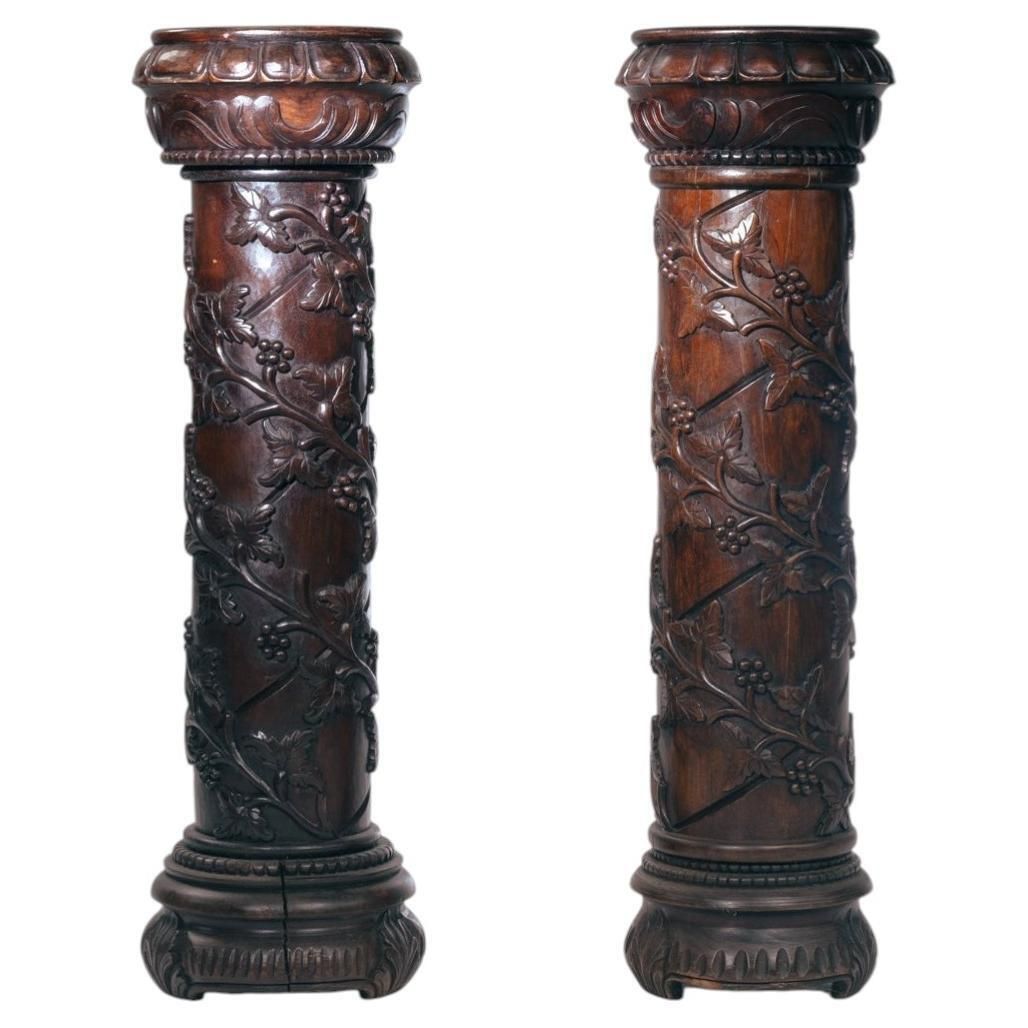 2 Art Nouveau Mahogany Wooden Carved Pedestals Column Vine Motif, France 1920s