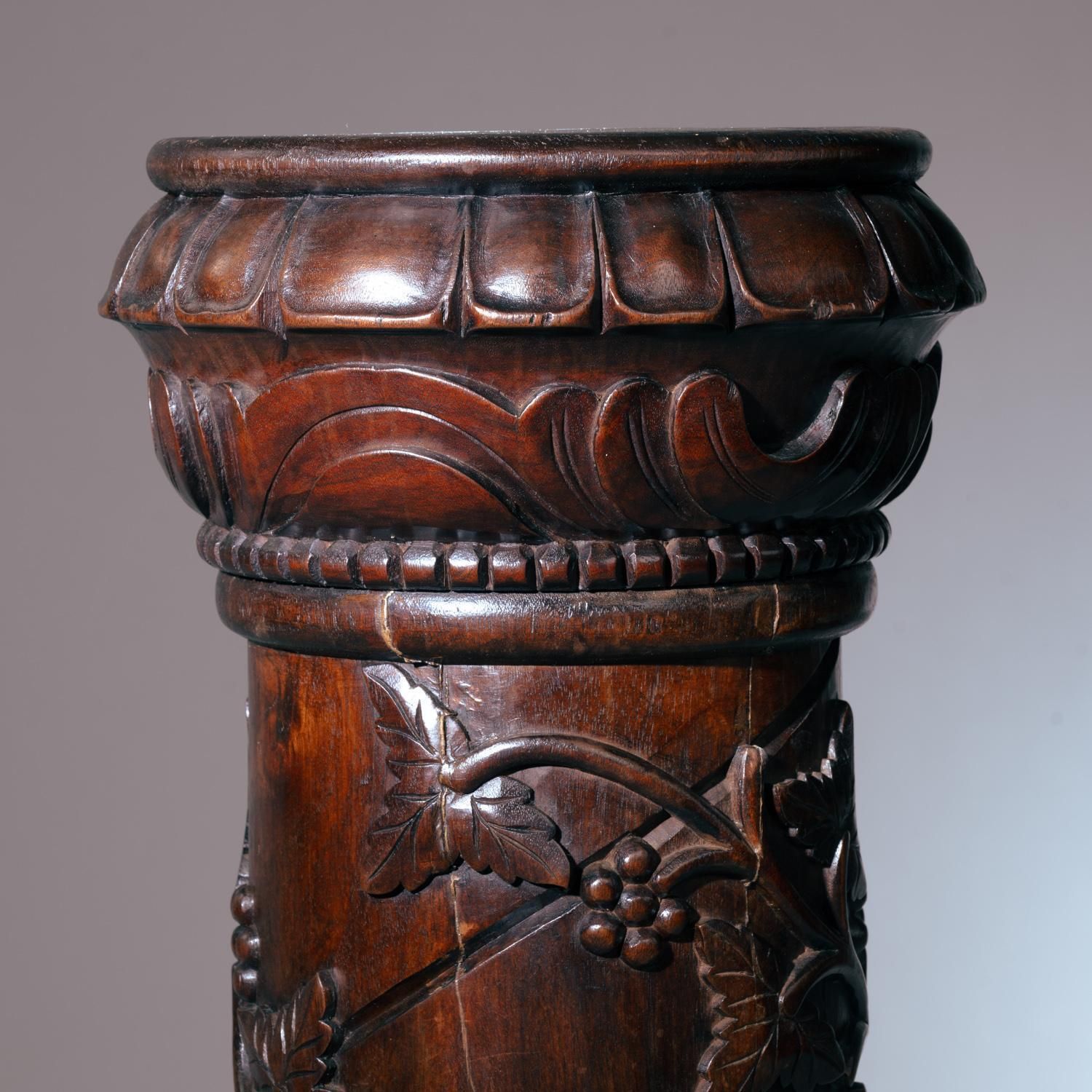 2 Art Nouveau Mahogany Wooden Carved Pedestals Column Vine Motif, France 1920s photo for sale