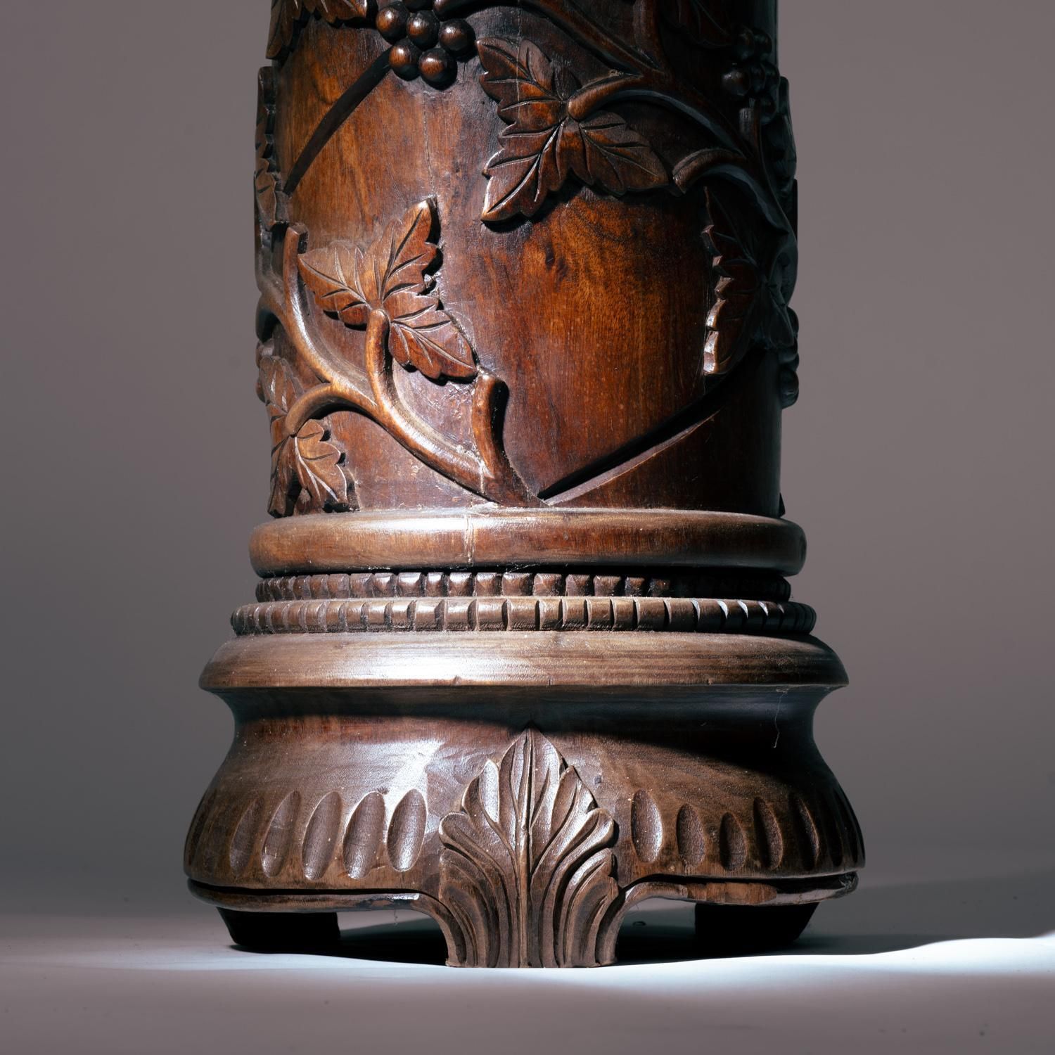 2 Art Nouveau Mahogany Wooden Carved Pedestals Column Vine Motif, France 1920s photo Home Decor