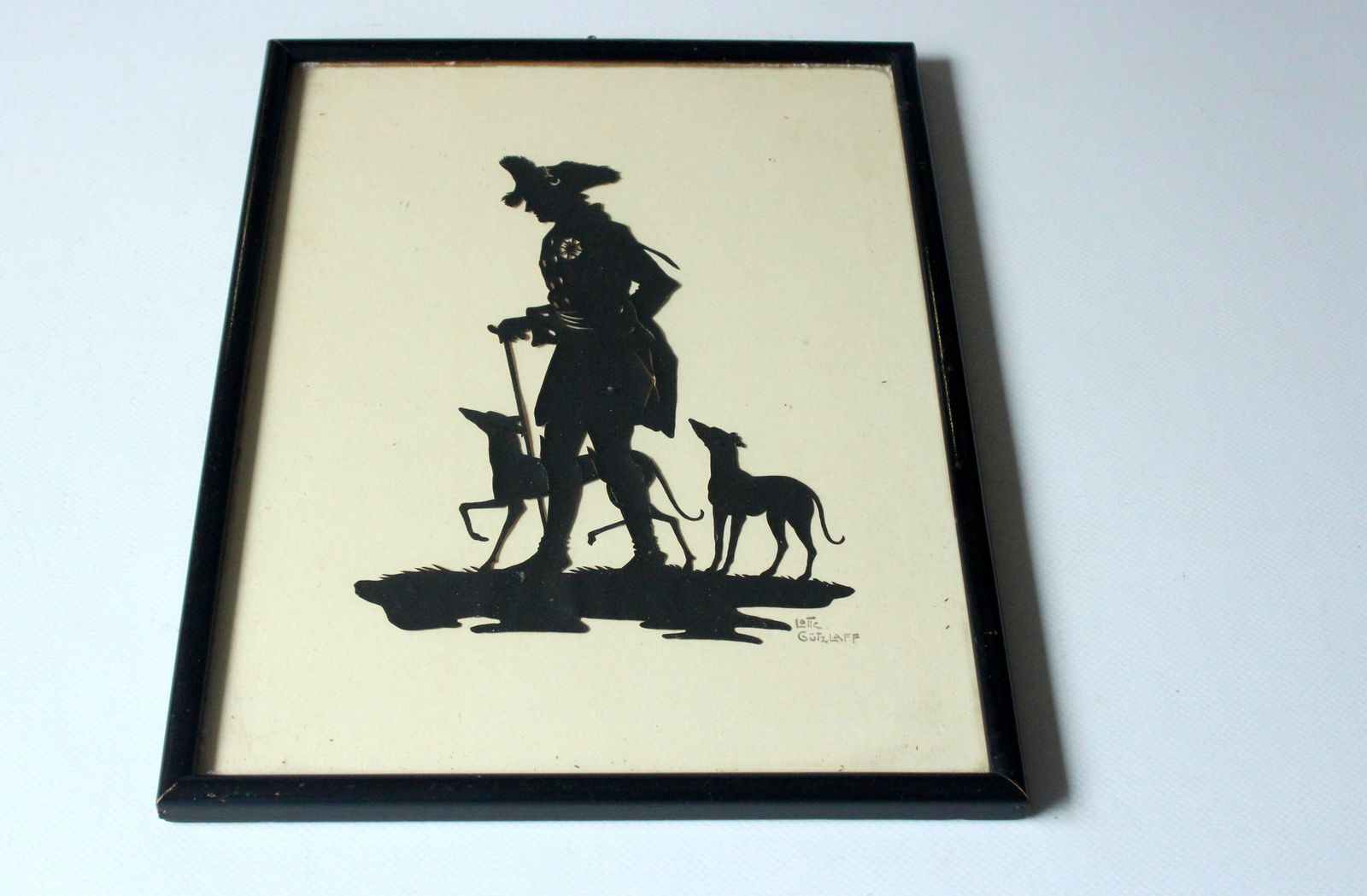 1910s   Antique Silhouette Paper Cut By Lotte Gützlaff   "King Friedrich II With Two Greyhounds"  "The Old Fritz"   Signed