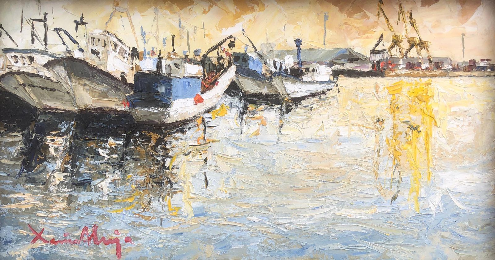 Xavier Aluja Mediterrane Haven Tarragona Vissersschepen Expressionistisch Olieverfschilderij 2004