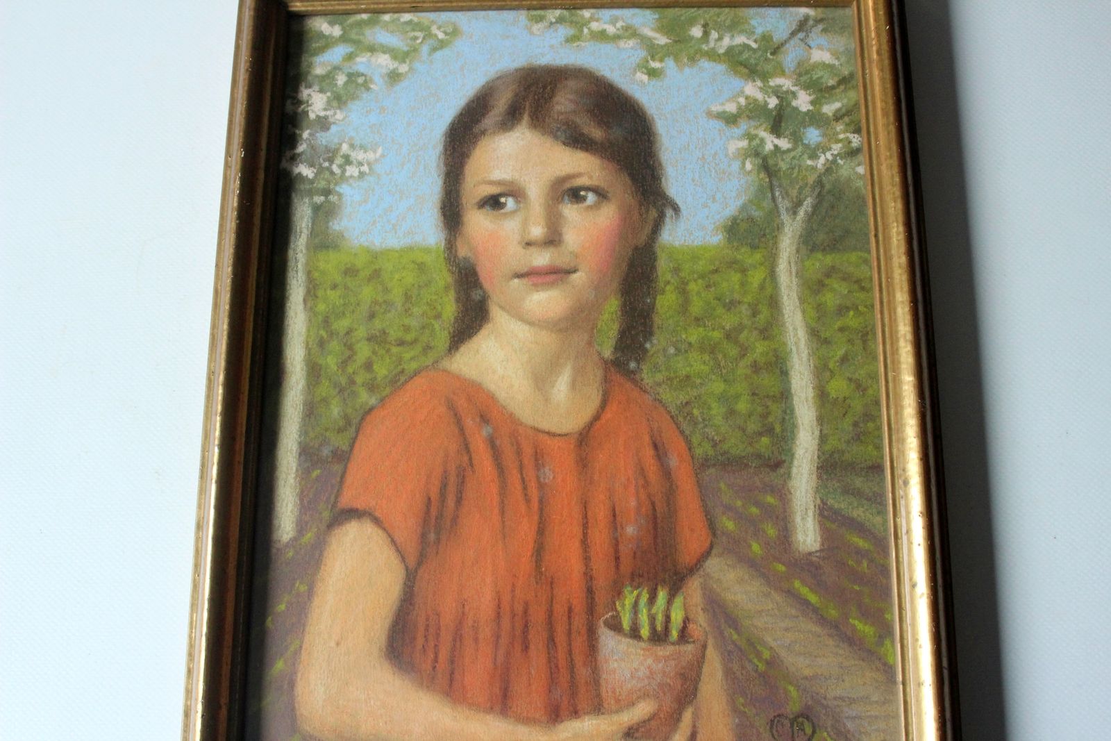 1920s   Antique Pastel Chalk Drawing "Young Girl In The Garden"   Monogramed photo furniture