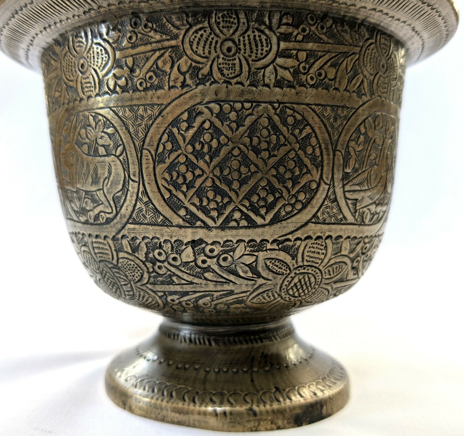 Antique Islamic Middle East Bronze Engraved Covered Pot With Animals And Calligraphy photo vintage