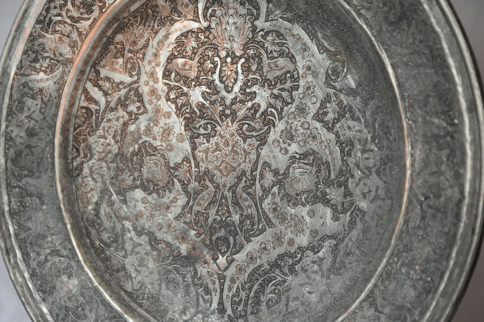 Antique Islamic Ghalamzani Engraved Silver Copper Charger photo for sale