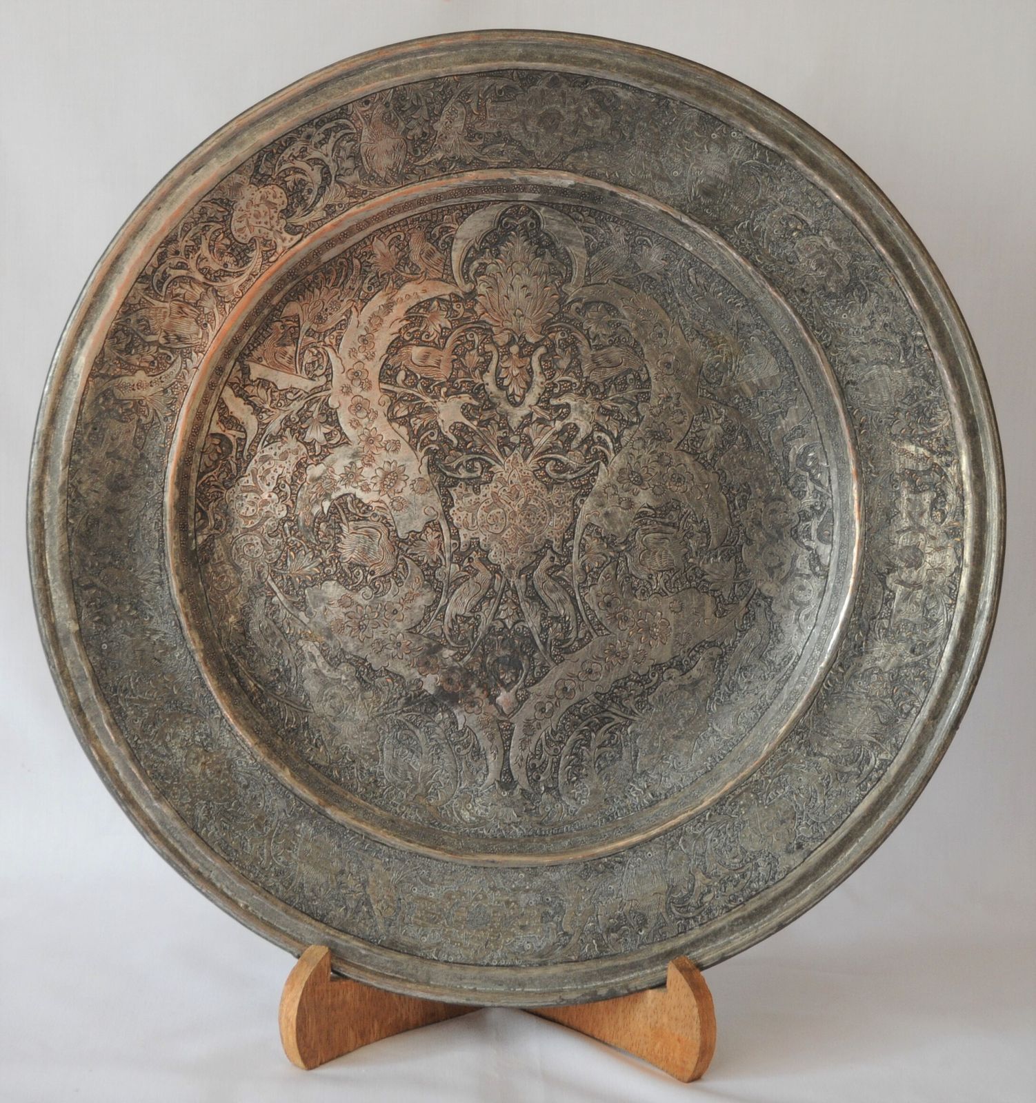 Antique Islamic Ghalamzani Engraved Silver Copper Charger photo 350.0