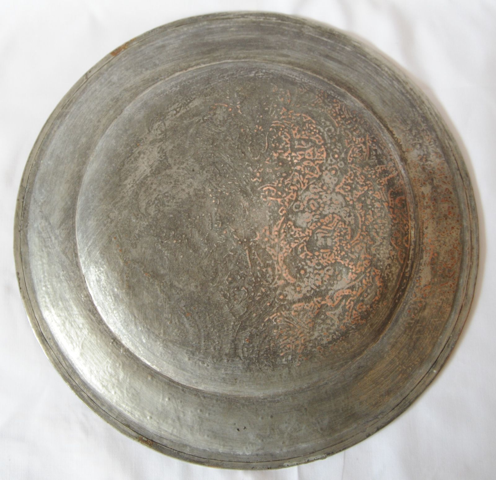Antique Islamic Ghalamzani Engraved Silver Copper Charger photo vinterior