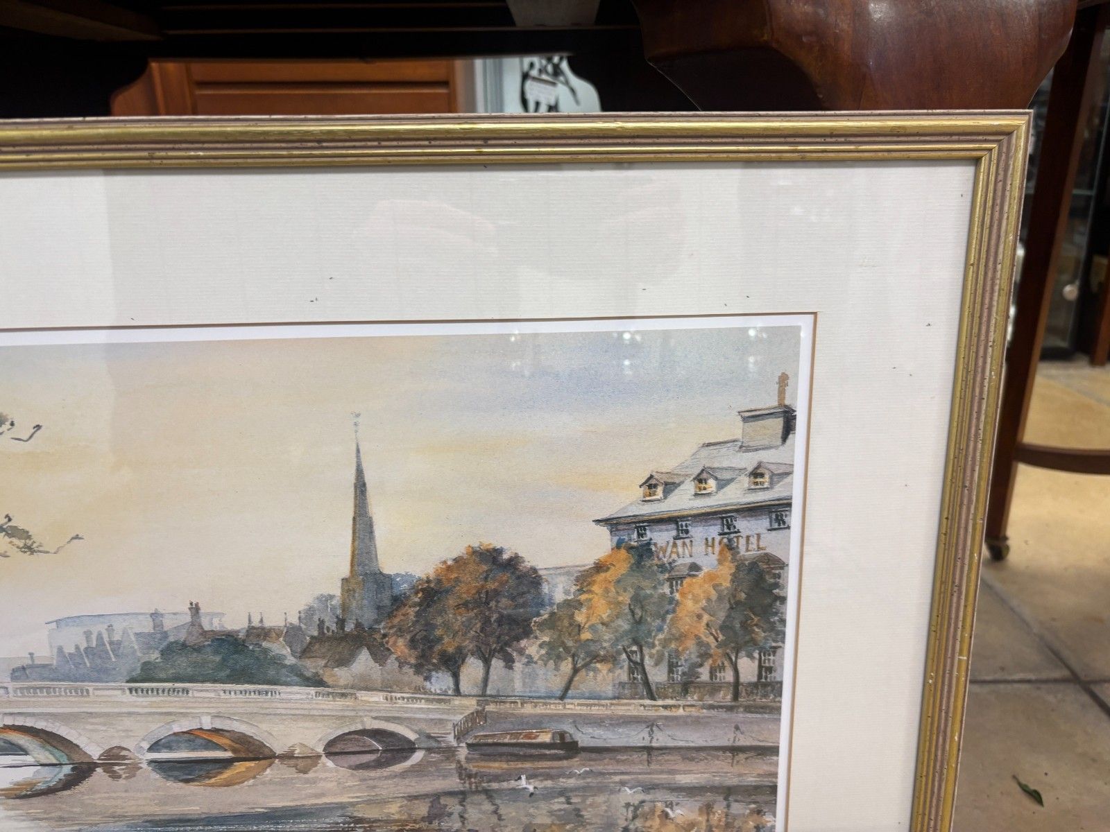 Bedford Bridge/ Swan Hotel Watercolour Print By Thelma Marks 1989 Framed photo for sale