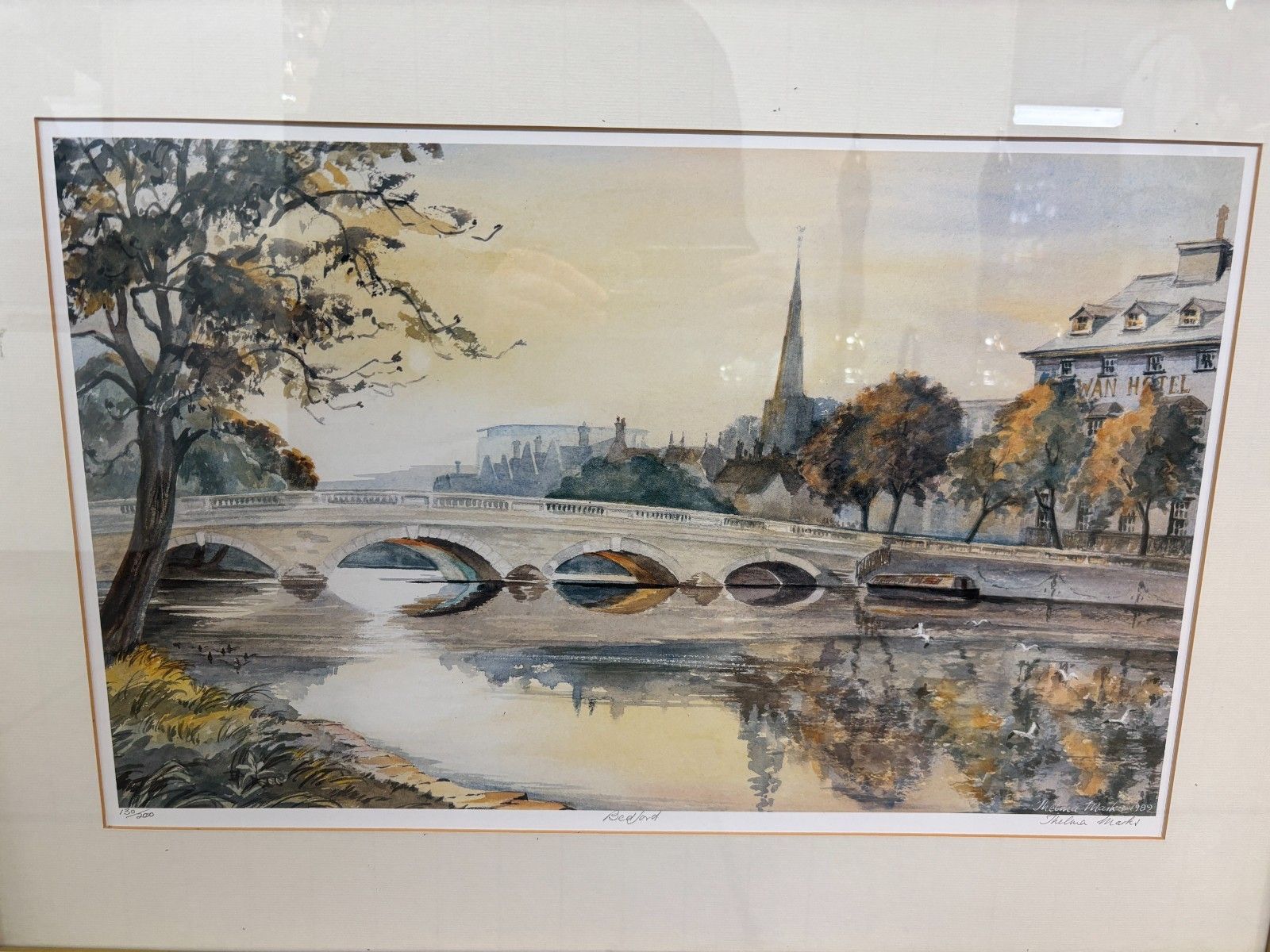 Bedford Bridge/ Swan Hotel Watercolour Print By Thelma Marks 1989 Framed photo vinterior