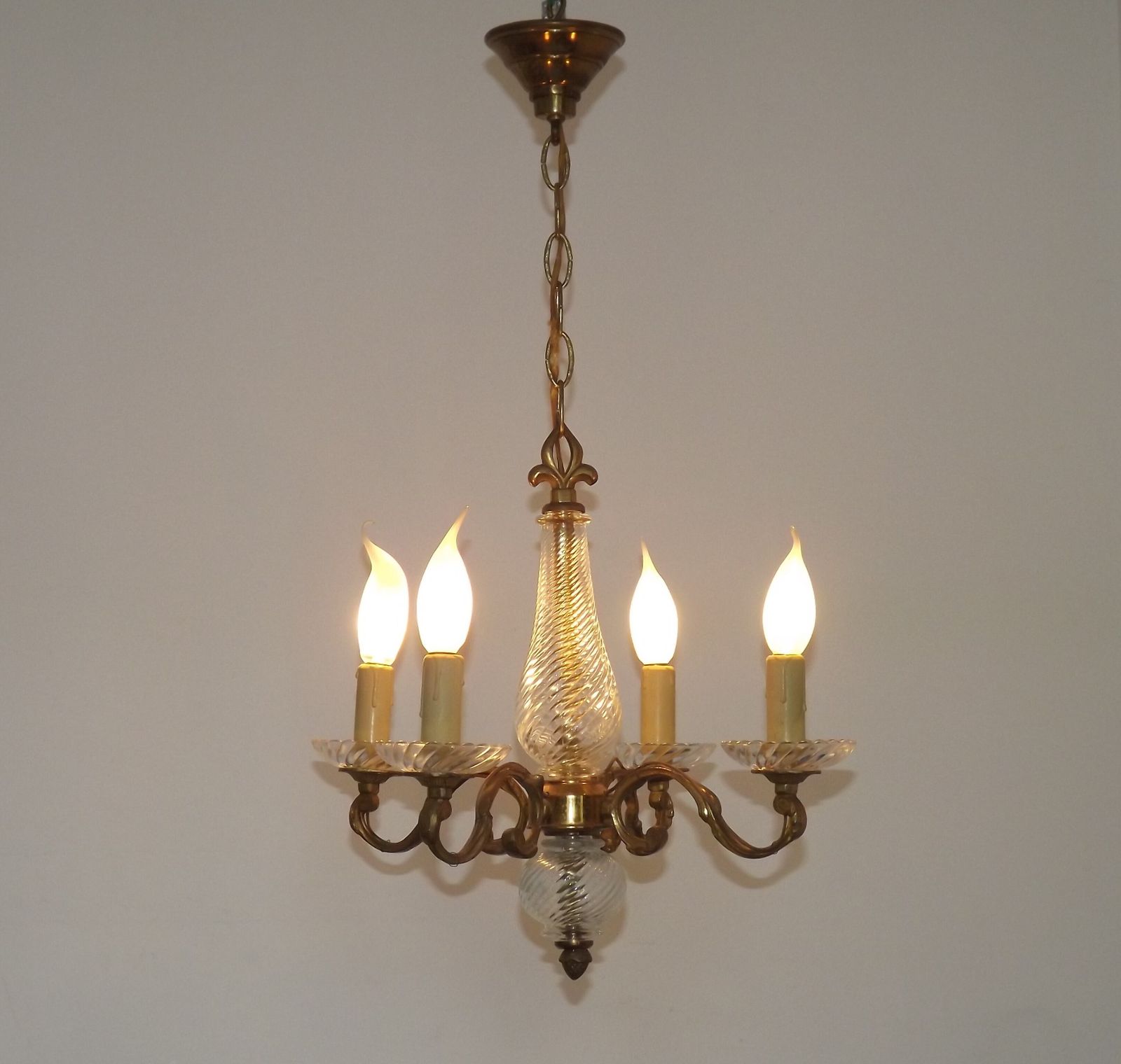 French Mid Century Bronze & Cut Glass 4 Light Chandelier With Fleur De Lys Detail photo for sale