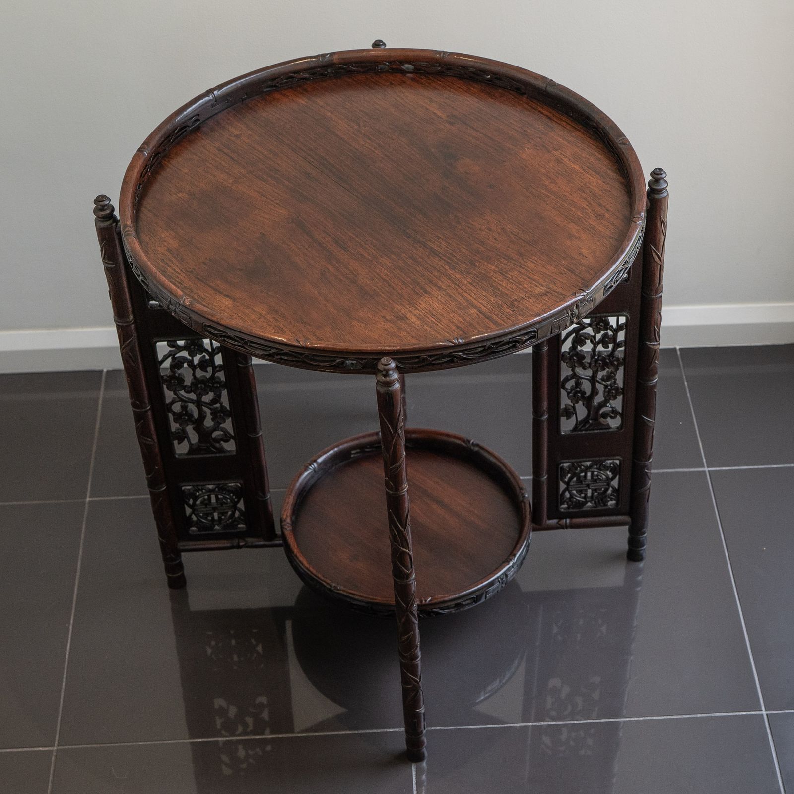 Antique Chinese Carved Hardwood Folding Table With Two Circular Lift Out Trays.